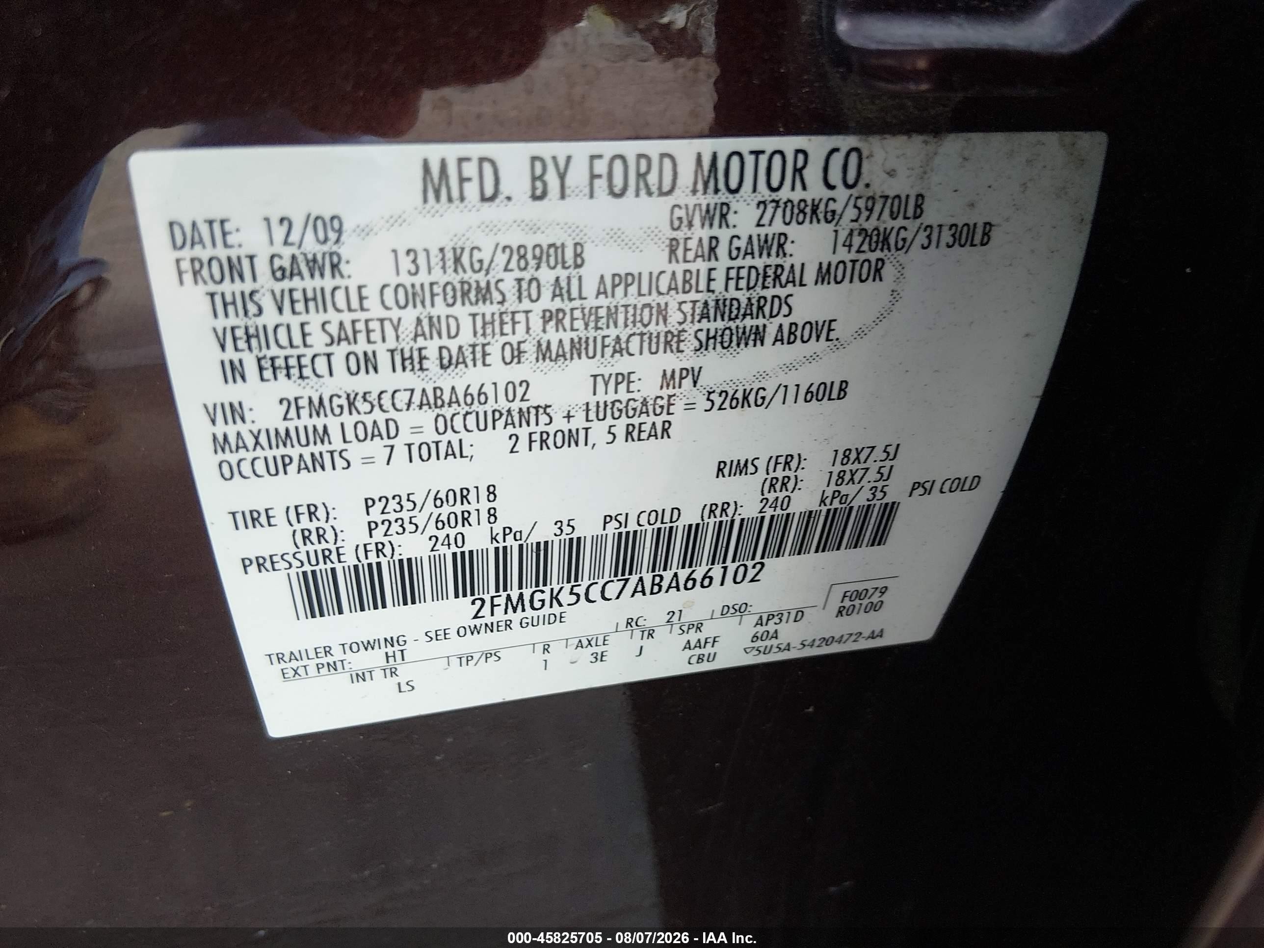 2010 Ford Flex Sel Burgundy vin: 2FMGK5CC7ABA66102