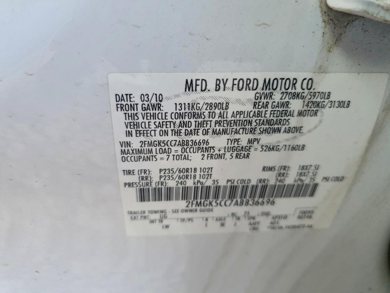2010 Ford Flex Sel White vin: 2FMGK5CC7ABB36696