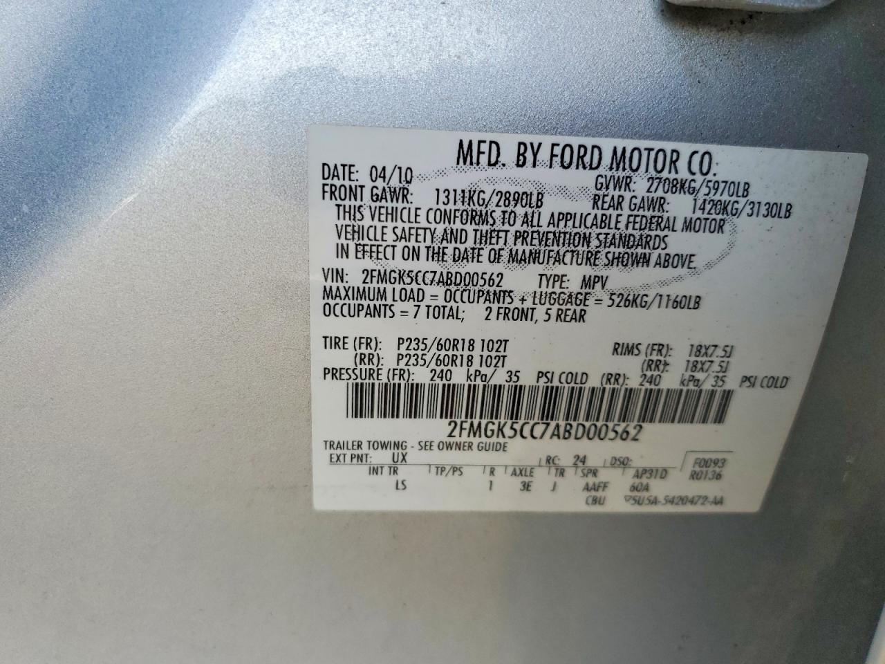 2010 Ford Flex Sel Silver vin: 2FMGK5CC7ABD00562