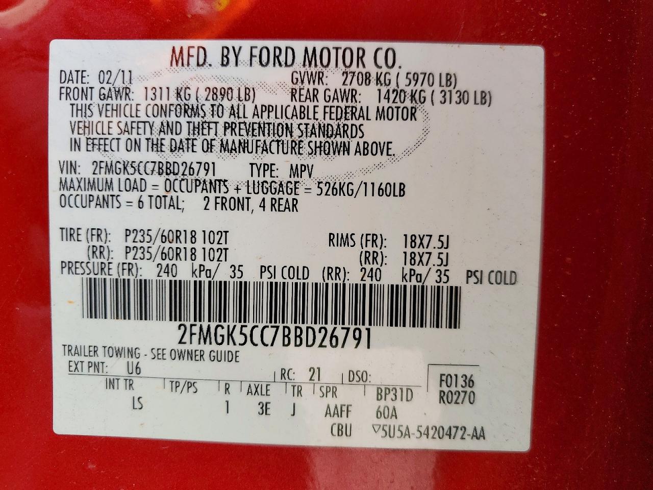 2011 Ford Flex Sel Red vin: 2FMGK5CC7BBD26791