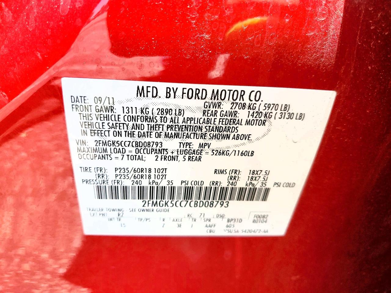 2012 Ford Flex Sel Red vin: 2FMGK5CC7CBD08793