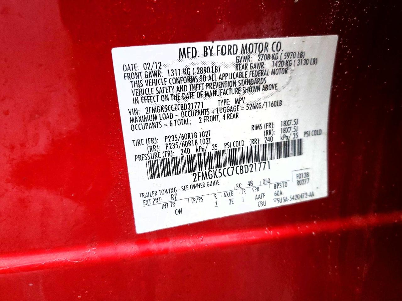 2012 Ford Flex Sel Red vin: 2FMGK5CC7CBD21771