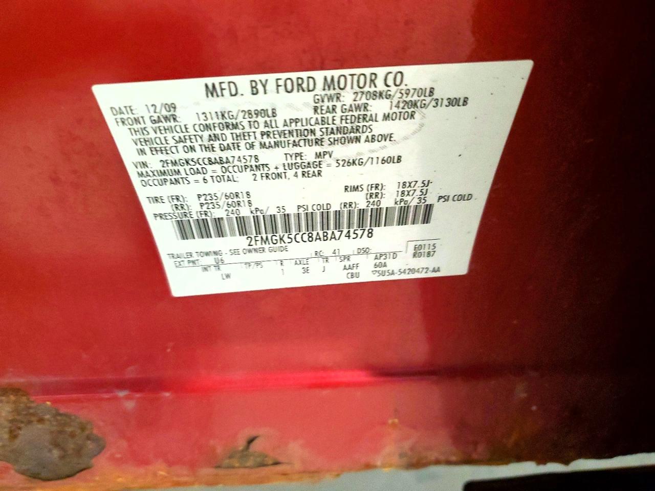 2010 Ford Flex Sel Red vin: 2FMGK5CC8ABA74578