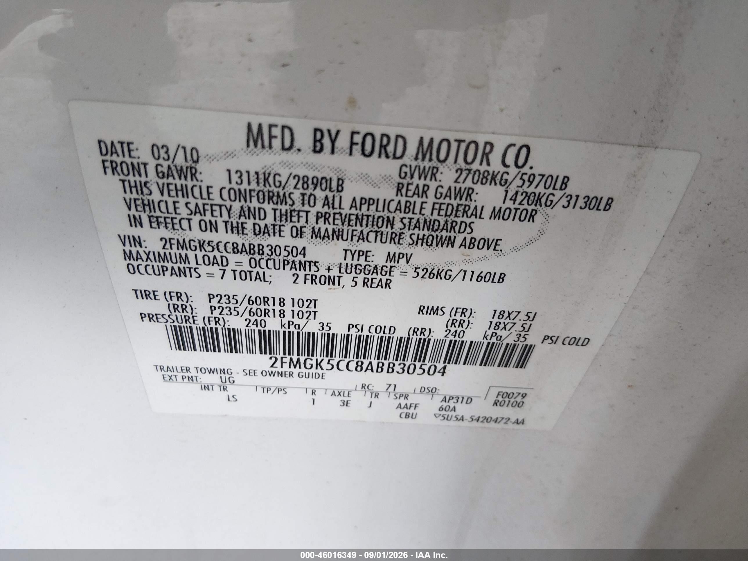 2010 Ford Flex Sel White vin: 2FMGK5CC8ABB30504