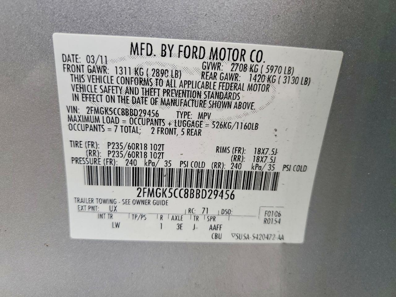 2011 Ford Flex Sel Silver vin: 2FMGK5CC8BBD29456