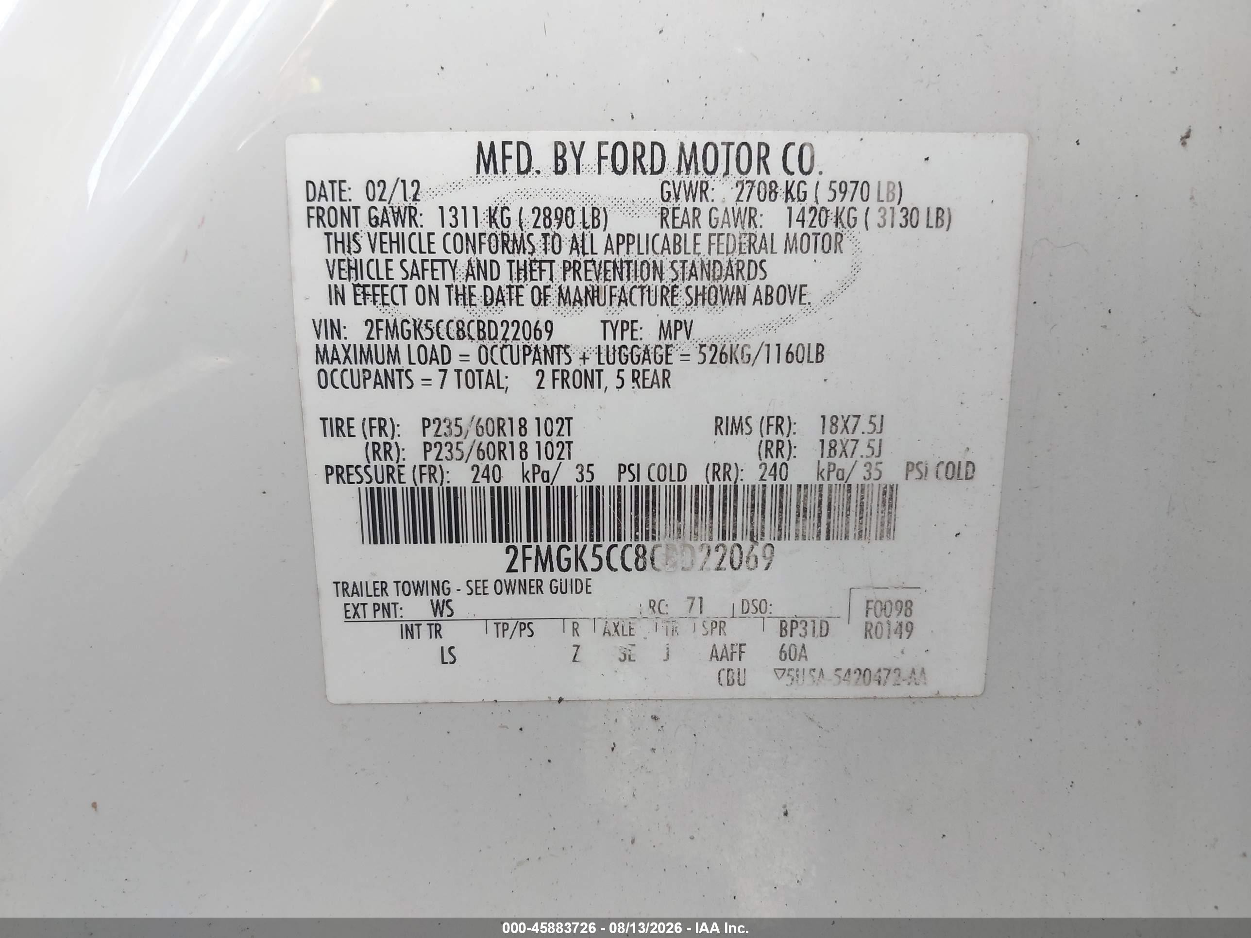 2012 Ford Flex Sel White vin: 2FMGK5CC8CBD22069