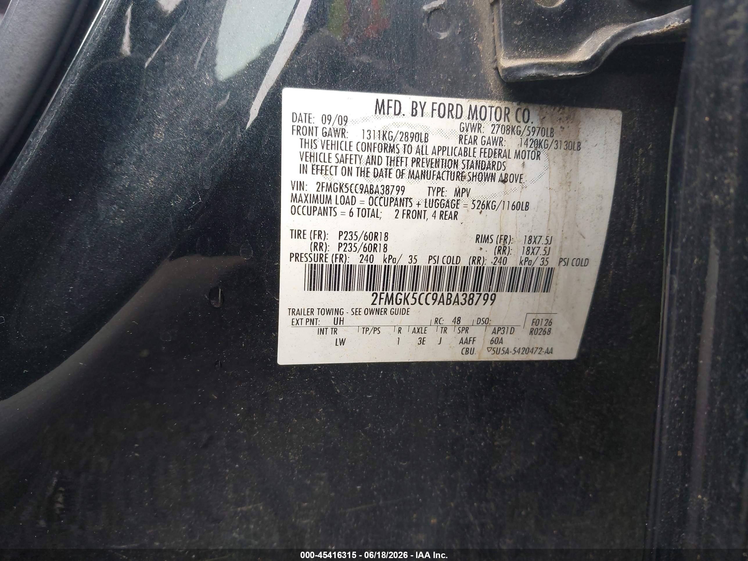 2010 Ford Flex Sel Black vin: 2FMGK5CC9ABA38799