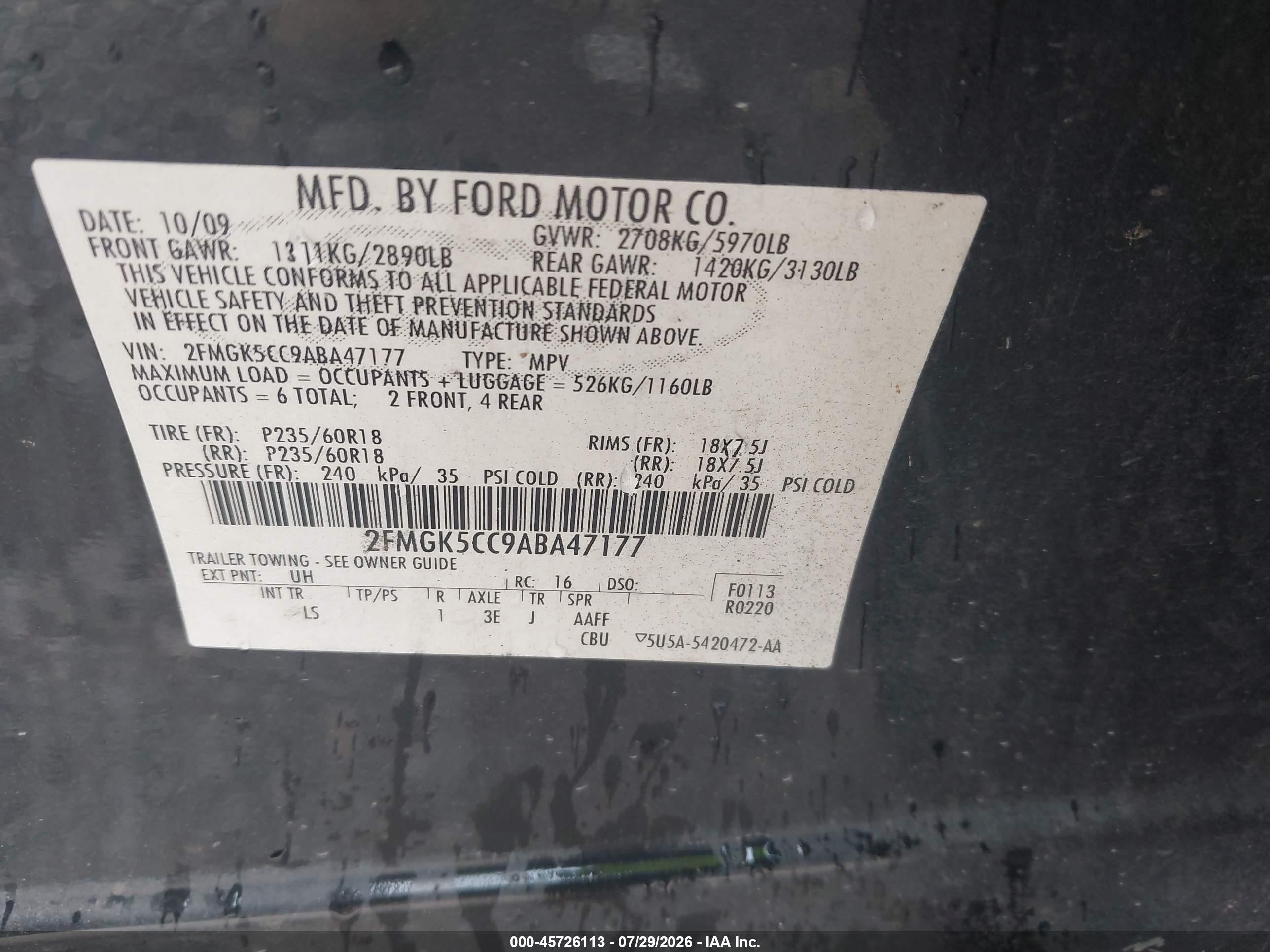 2010 Ford Flex Sel Black vin: 2FMGK5CC9ABA47177