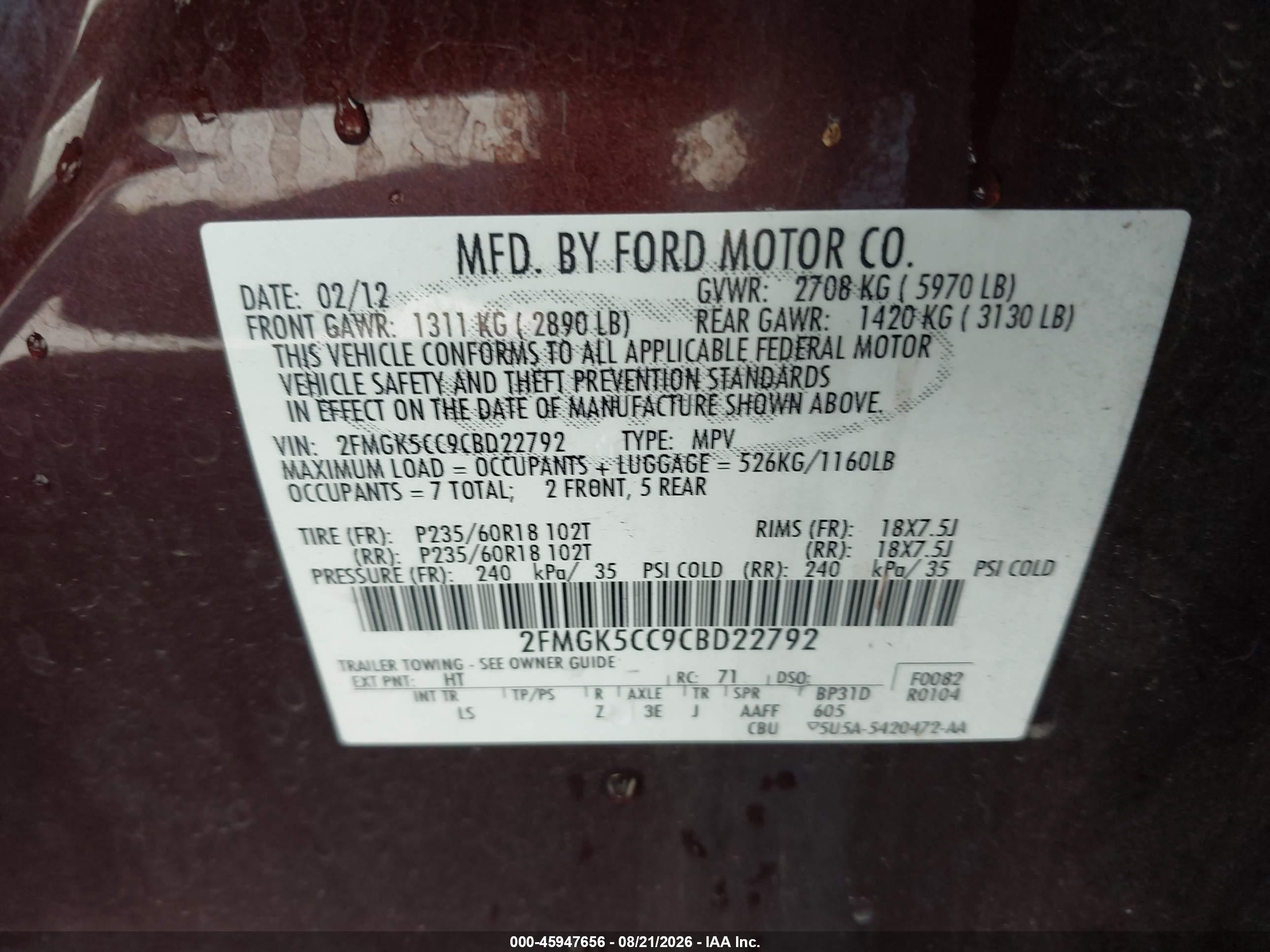 2012 Ford Flex Sel Burgundy vin: 2FMGK5CC9CBD22792