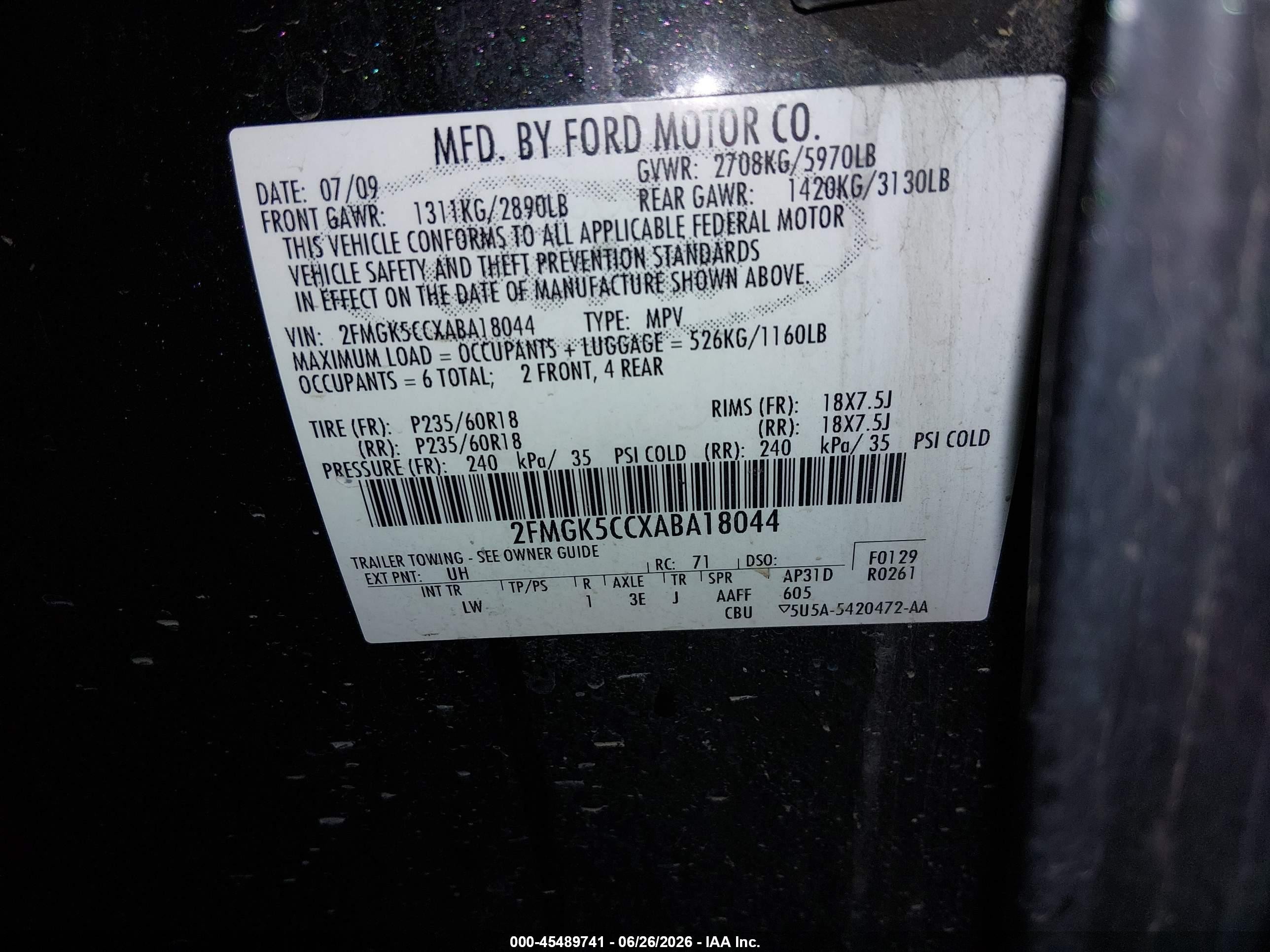 2010 Ford Flex Sel Black vin: 2FMGK5CCXABA18044