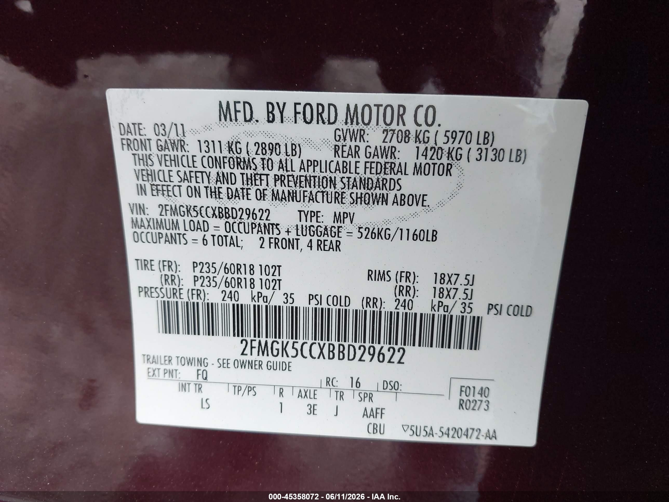 2011 Ford Flex Sel Red vin: 2FMGK5CCXBBD29622