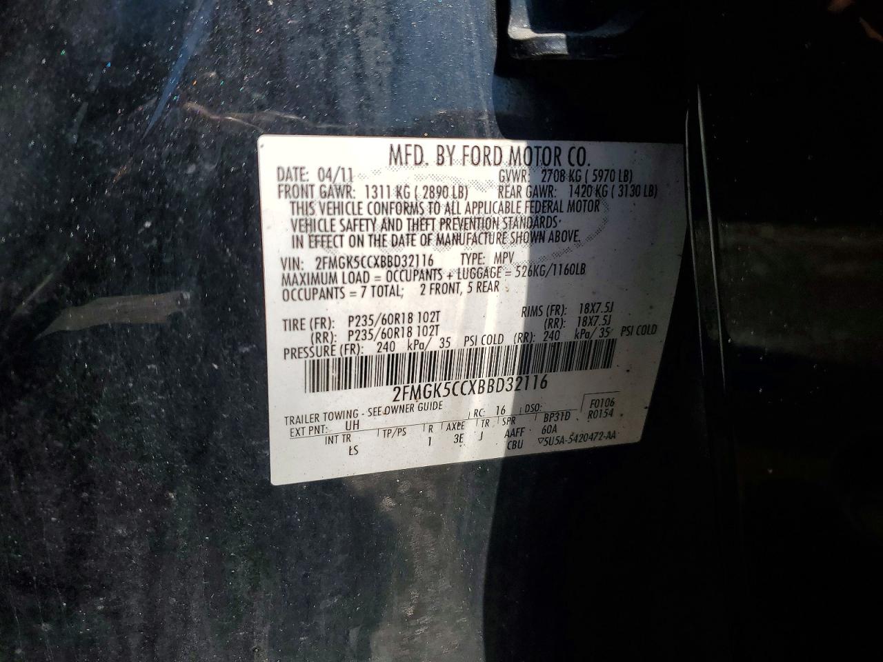 2011 Ford Flex Sel Charcoal vin: 2FMGK5CCXBBD32116