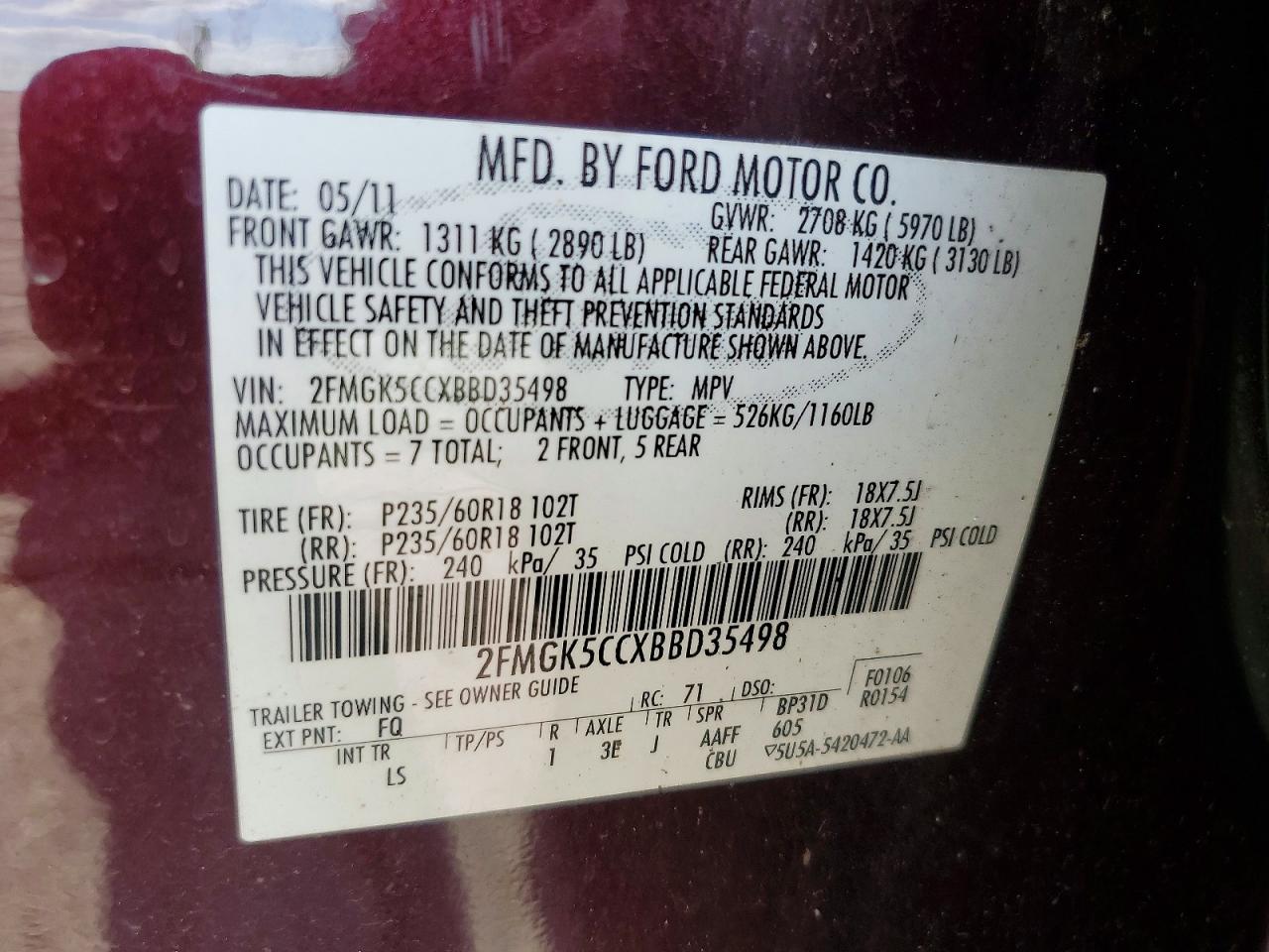 2011 Ford Flex Sel Burgundy vin: 2FMGK5CCXBBD35498