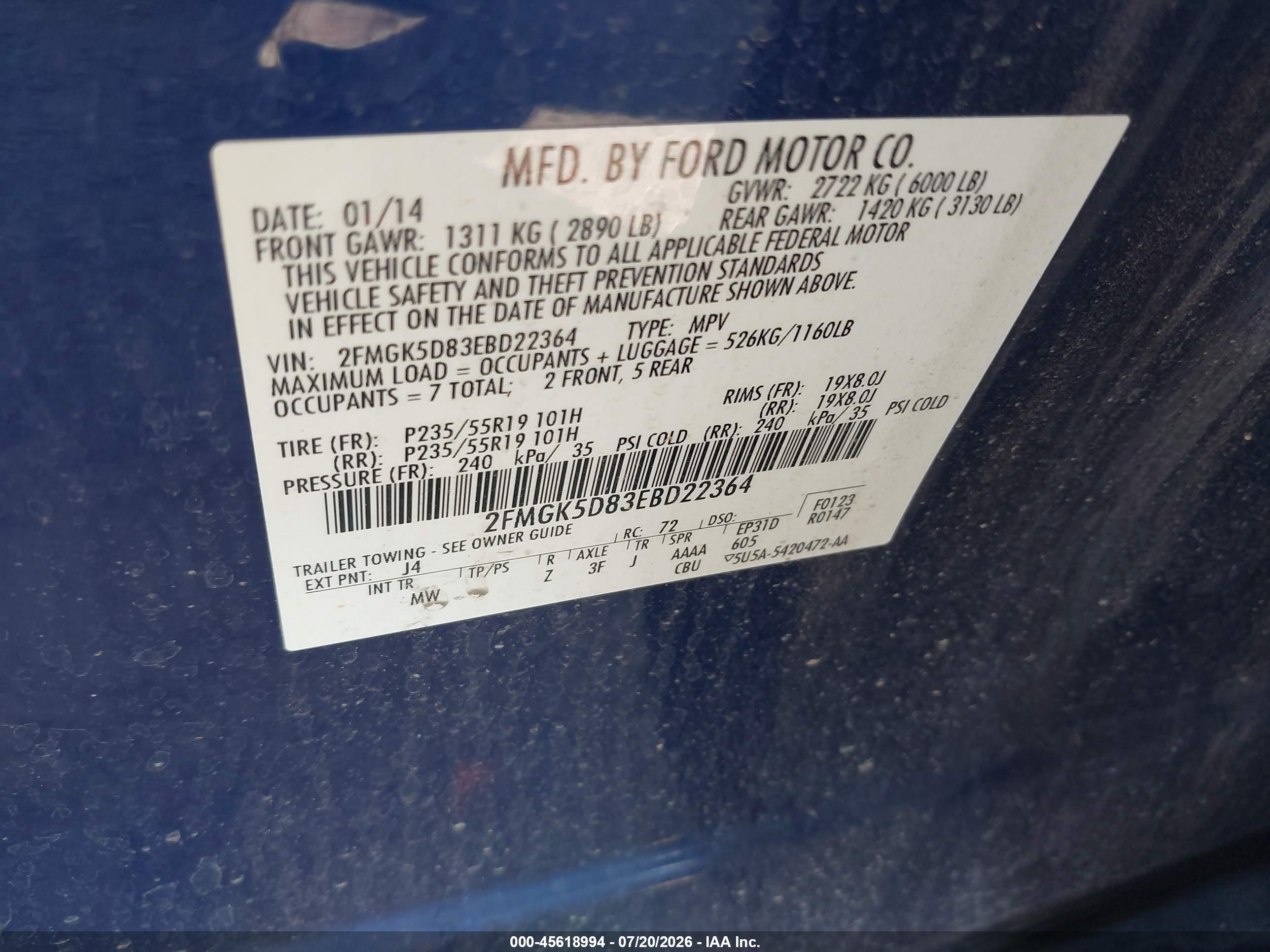 2014 Ford Flex Limited Blue vin: 2FMGK5D83EBD22364