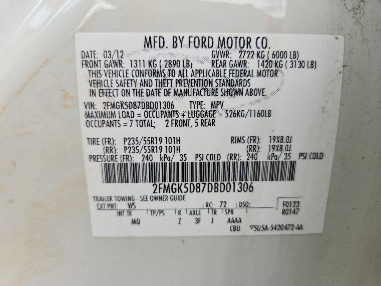 2013 Ford Flex Limited Белый vin: 2FMGK5D87DBD01306