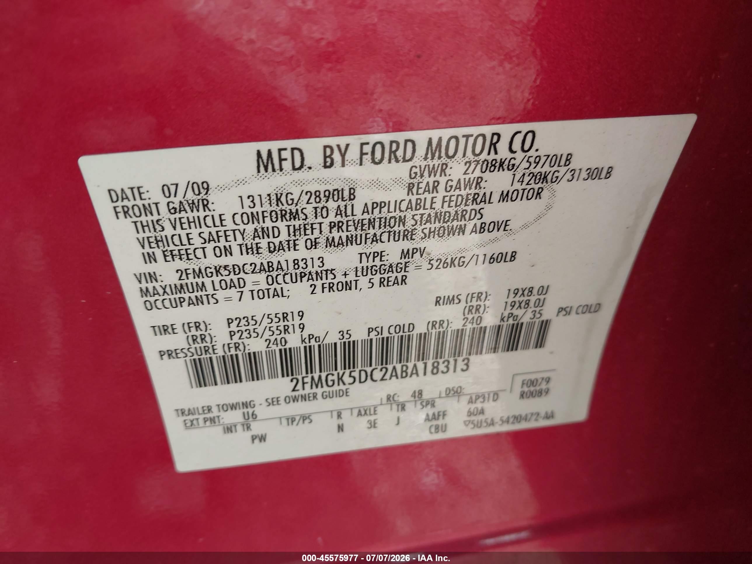 2010 Ford Flex Limited Red vin: 2FMGK5DC2ABA18313