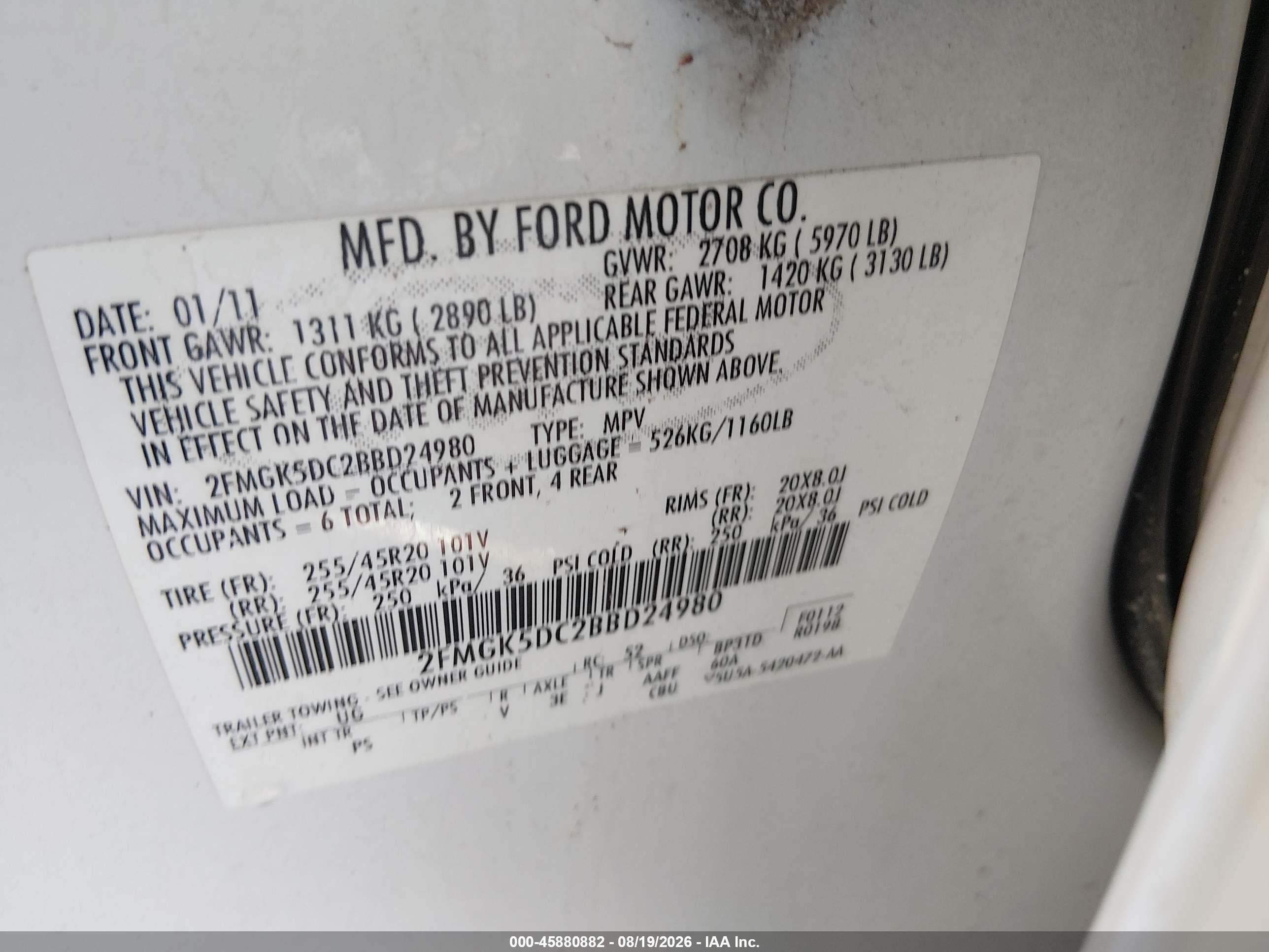 2011 Ford Flex Limited Champagne vin: 2FMGK5DC2BBD24980