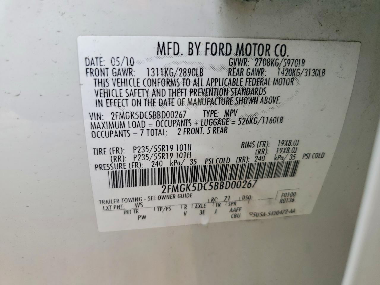 2011 Ford Flex Limited White vin: 2FMGK5DC5BBD00267