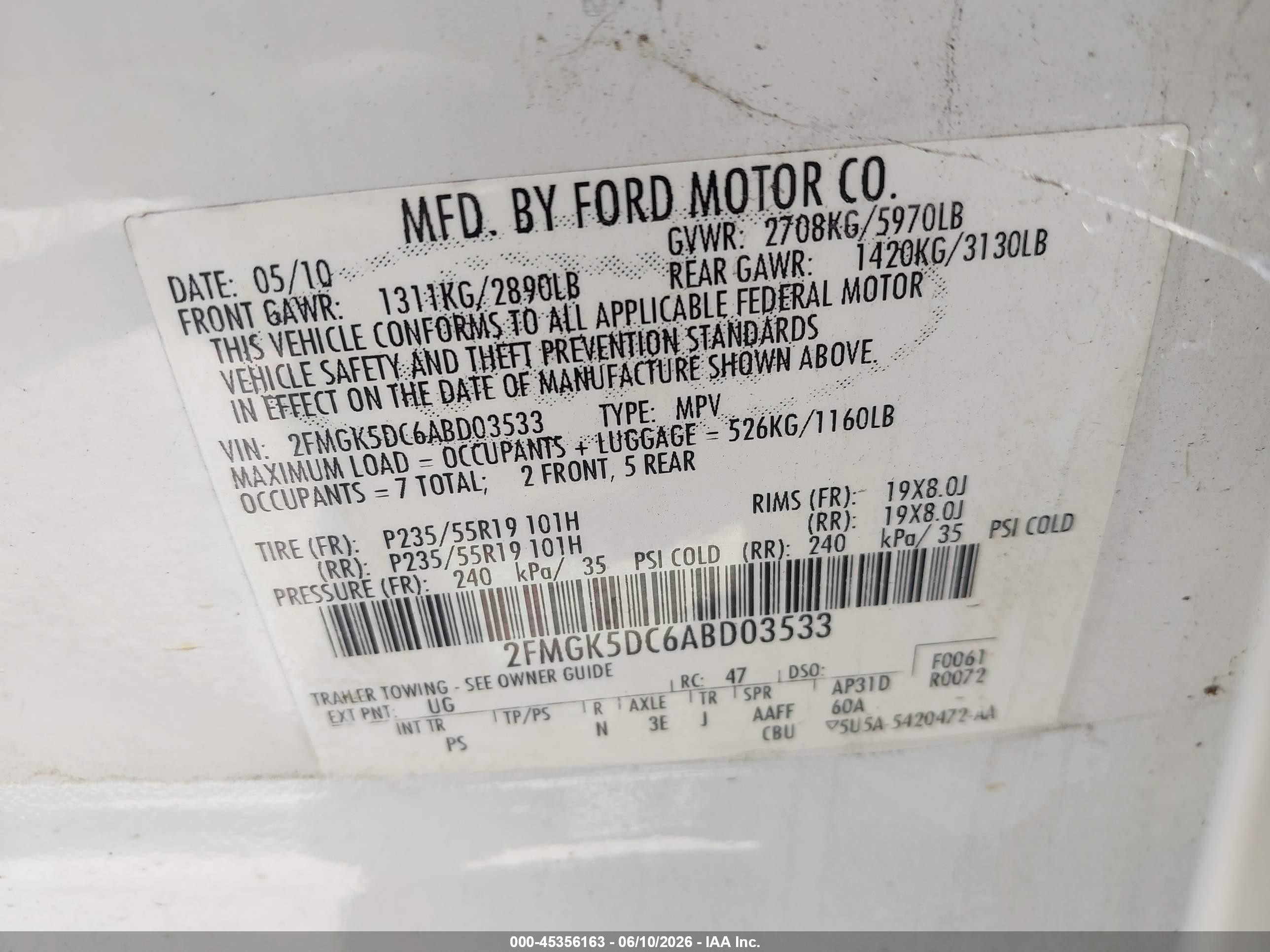 2010 Ford Flex Limited White vin: 2FMGK5DC6ABD03533