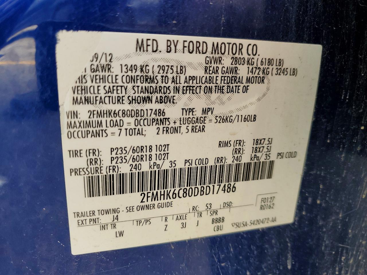 2013 Ford Flex Sel Blue vin: 2FMHK6C80DBD17486