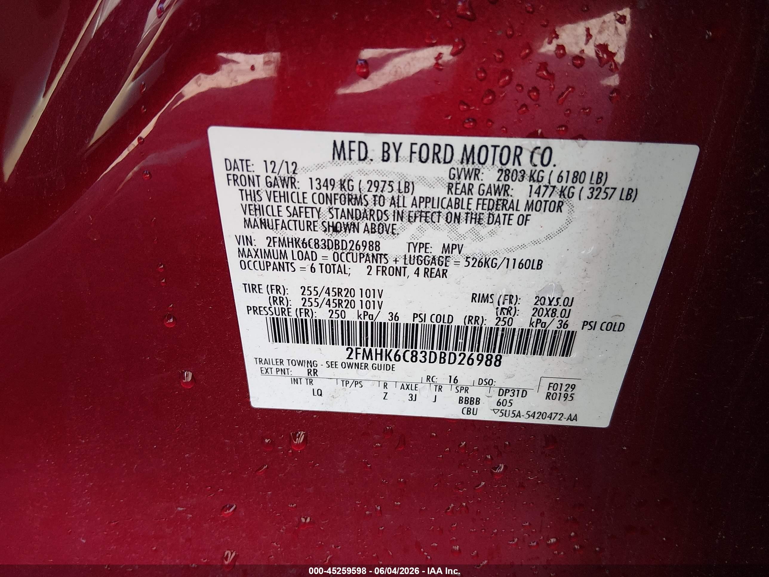 2013 Ford Flex Sel Red vin: 2FMHK6C83DBD26988