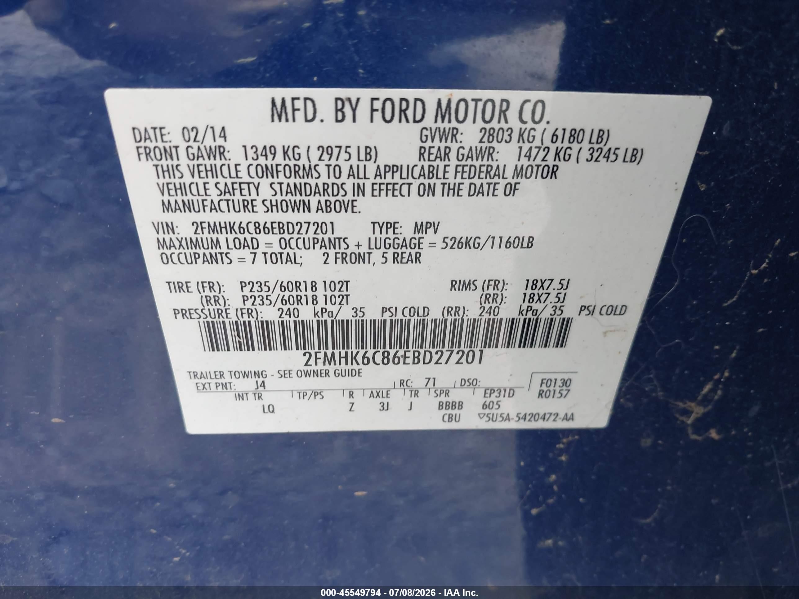 2014 Ford Flex Sel Blue vin: 2FMHK6C86EBD27201