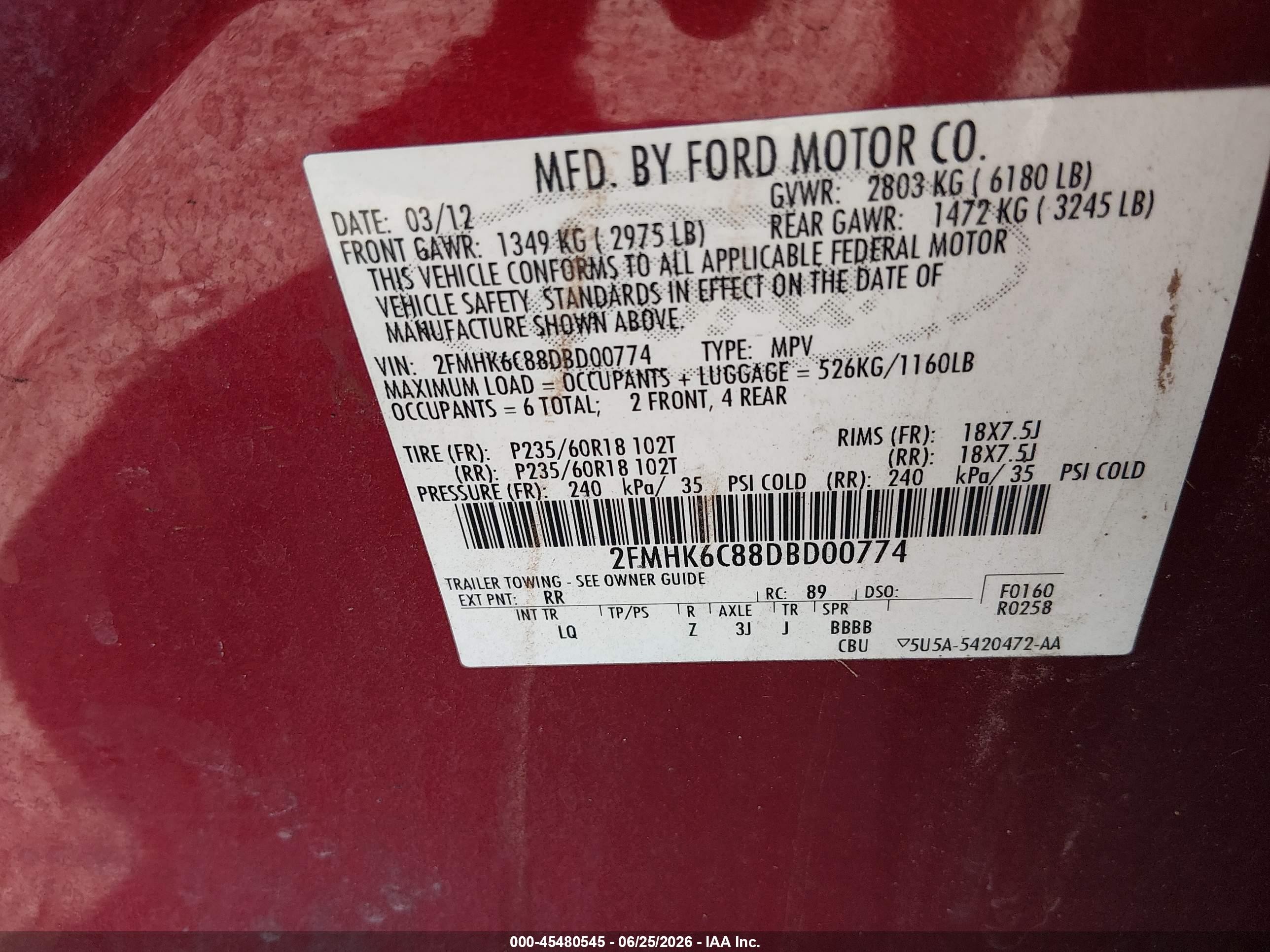 2013 Ford Flex Sel Red vin: 2FMHK6C88DBD00774