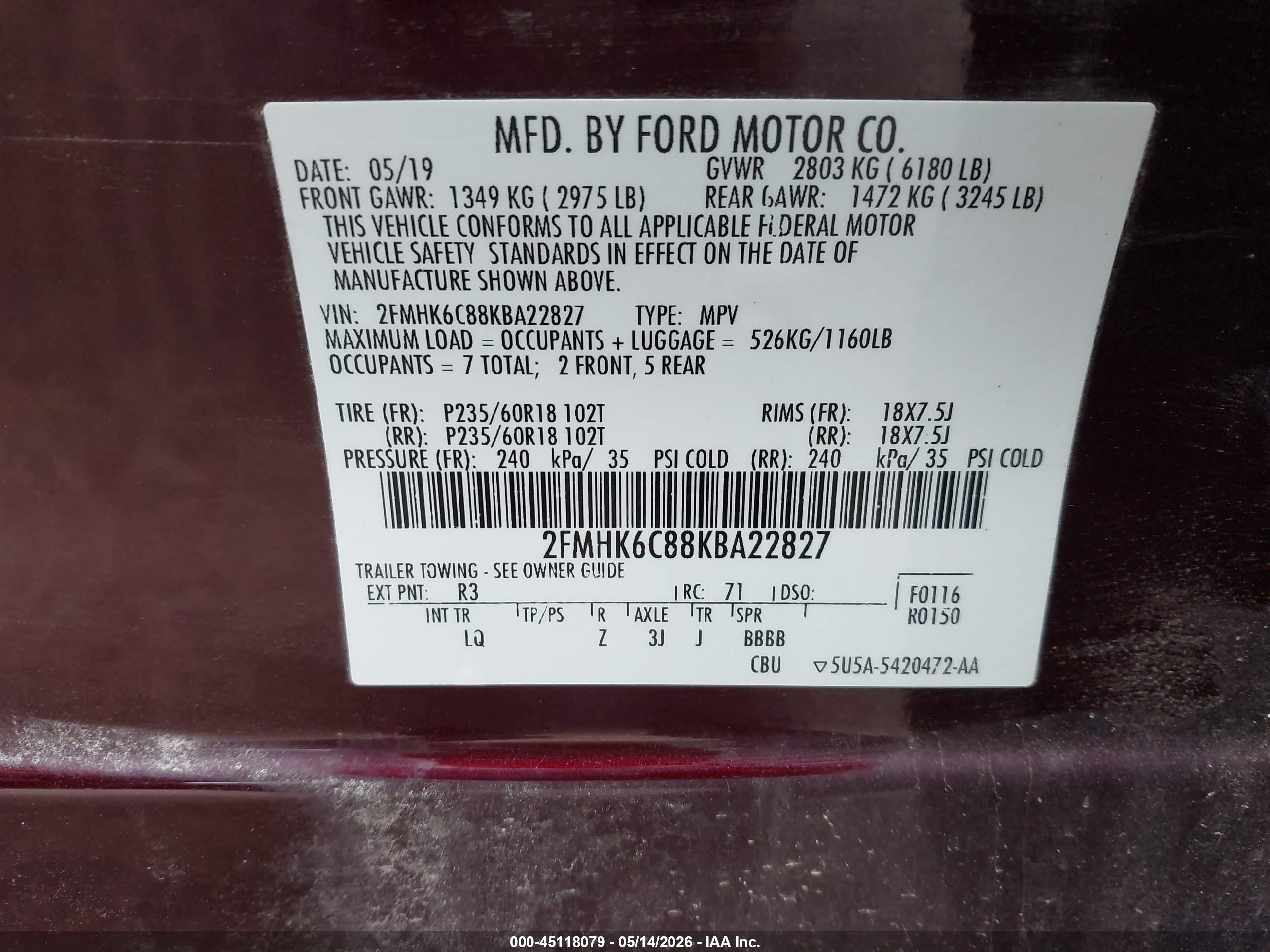 2019 Ford Flex Sel Burgundy vin: 2FMHK6C88KBA22827