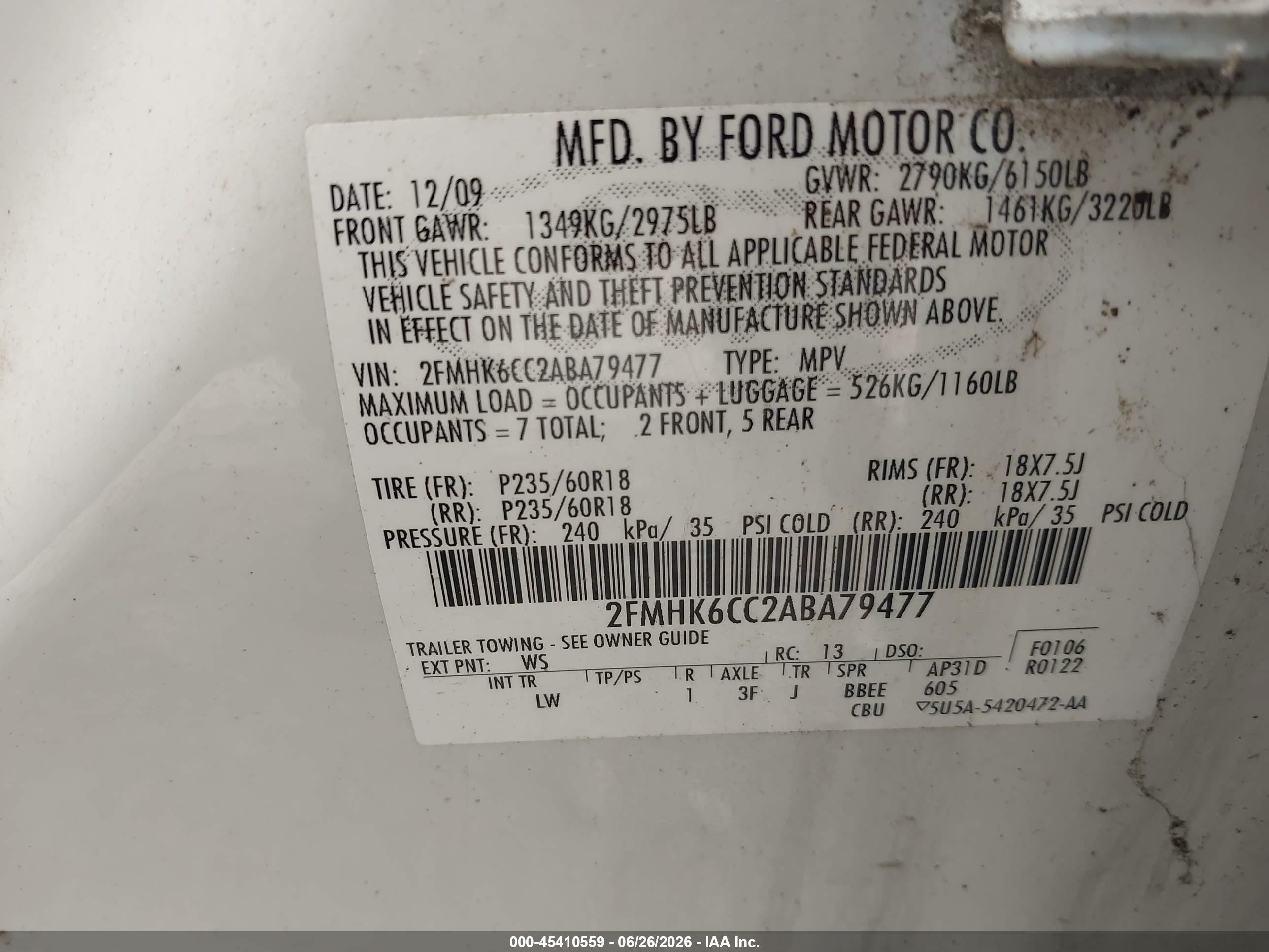 2010 Ford Flex Sel White vin: 2FMHK6CC2ABA79477