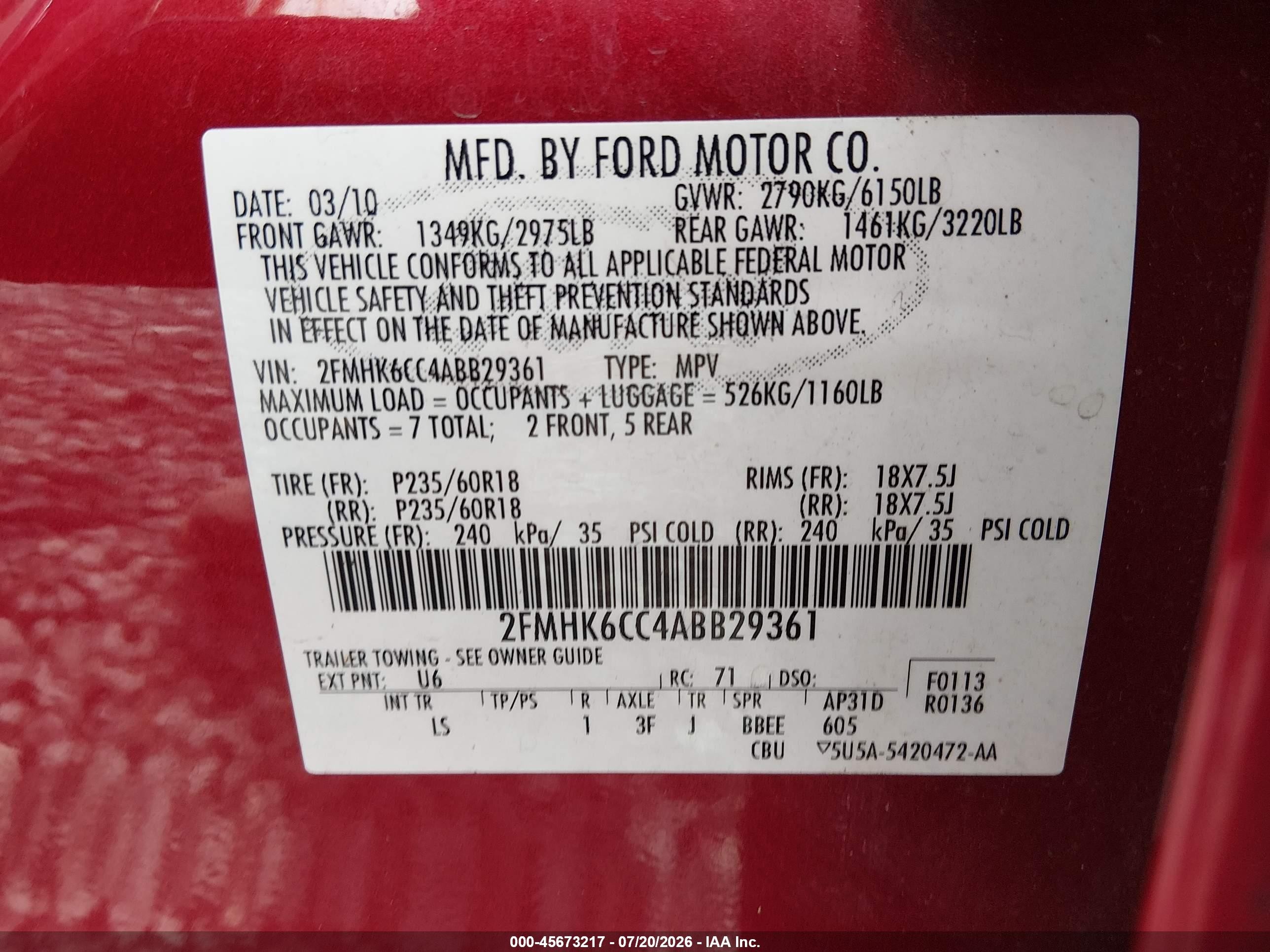 2010 Ford Flex Sel Red vin: 2FMHK6CC4ABB29361