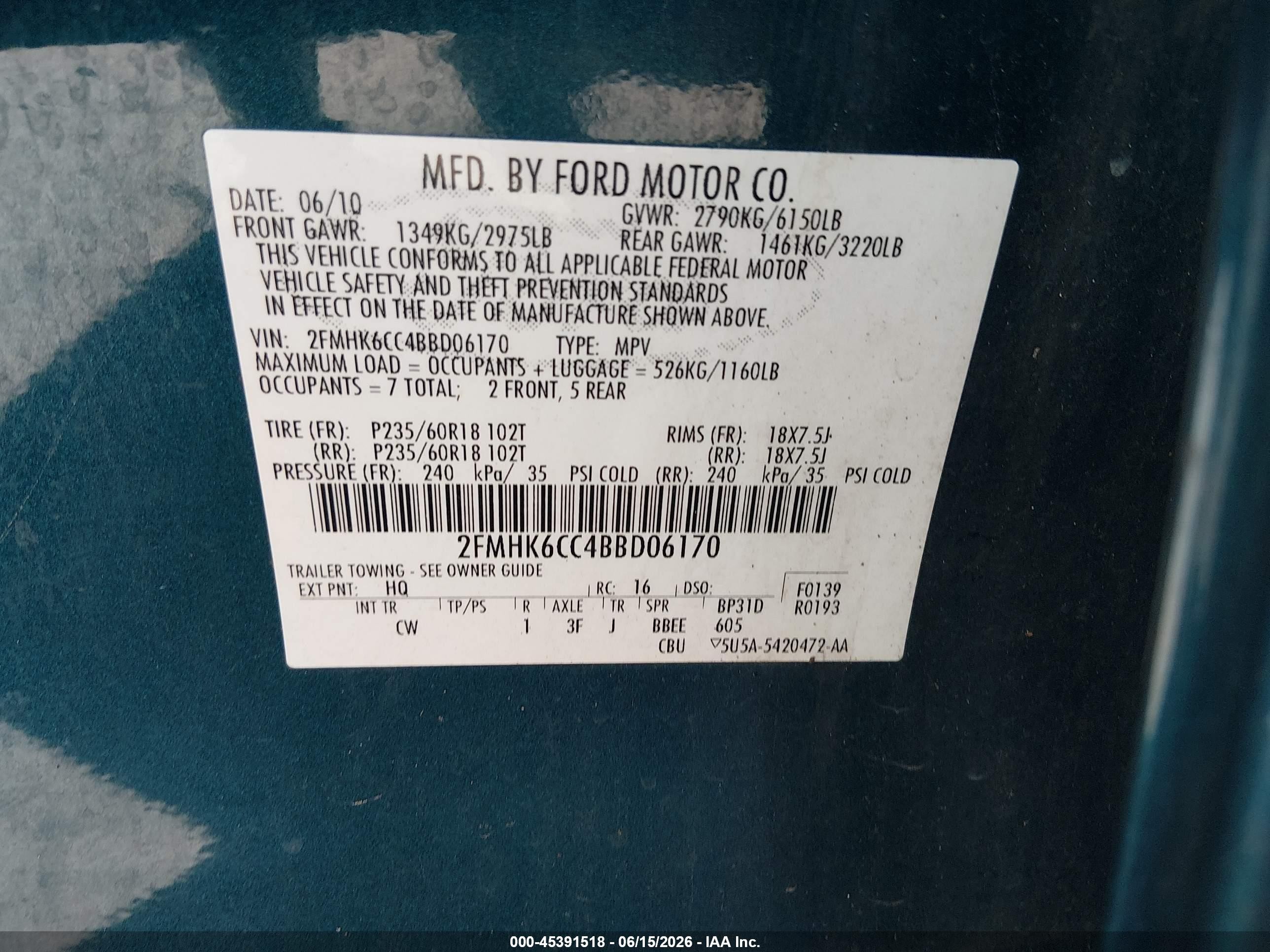 2011 Ford Flex Sel Teal vin: 2FMHK6CC4BBD06170