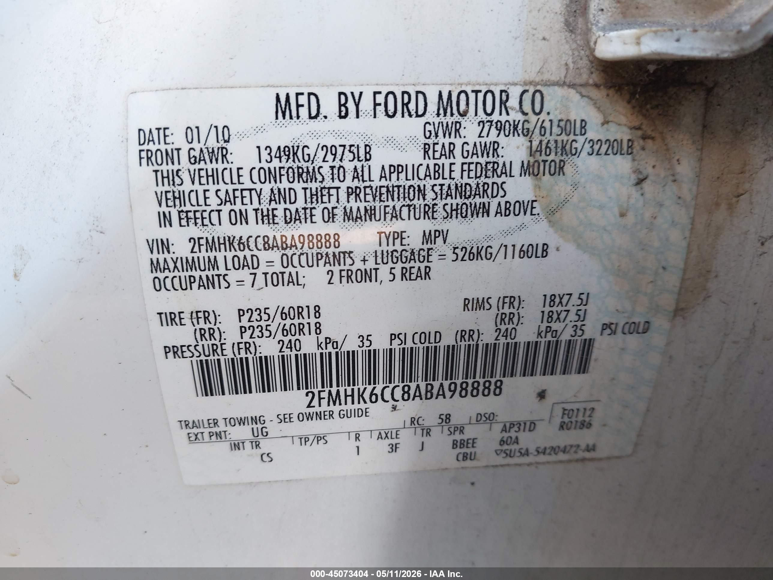 2010 Ford Flex Sel White vin: 2FMHK6CC8ABA98888