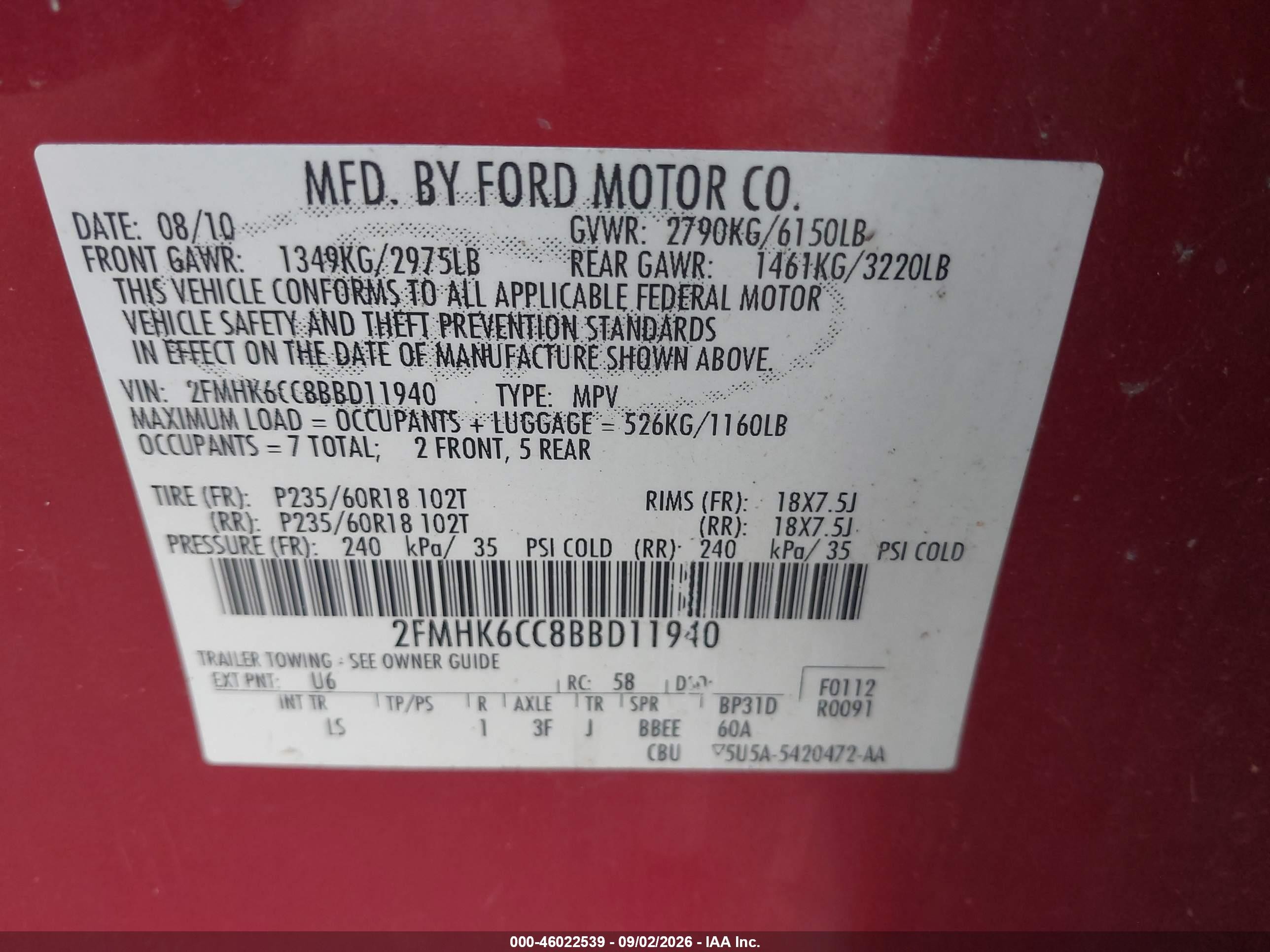 2011 Ford Flex Sel Red vin: 2FMHK6CC8BBD11940