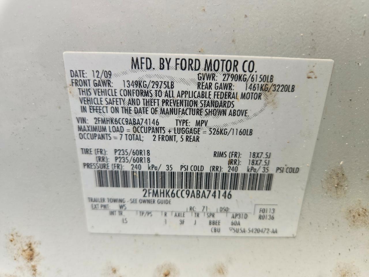 2010 Ford Flex Sel White vin: 2FMHK6CC9ABA74146
