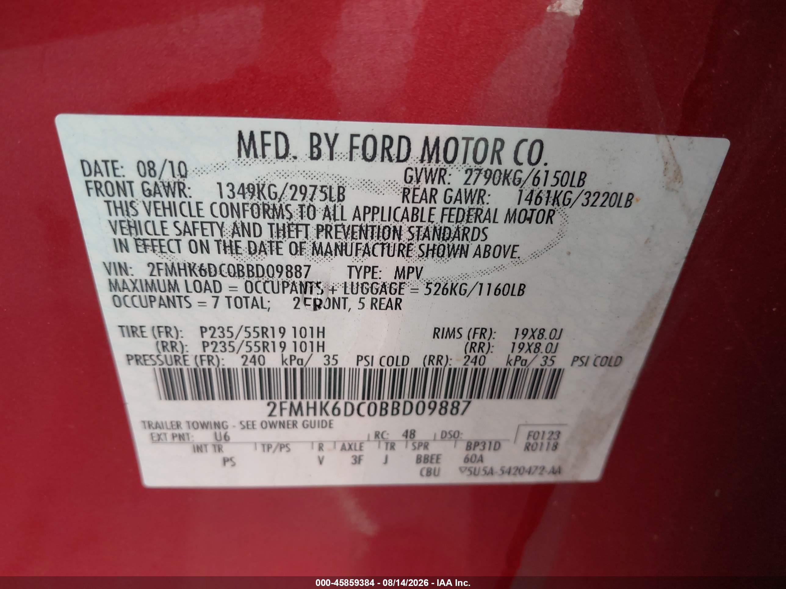 2011 Ford Flex Limited Red vin: 2FMHK6DC0BBD09887