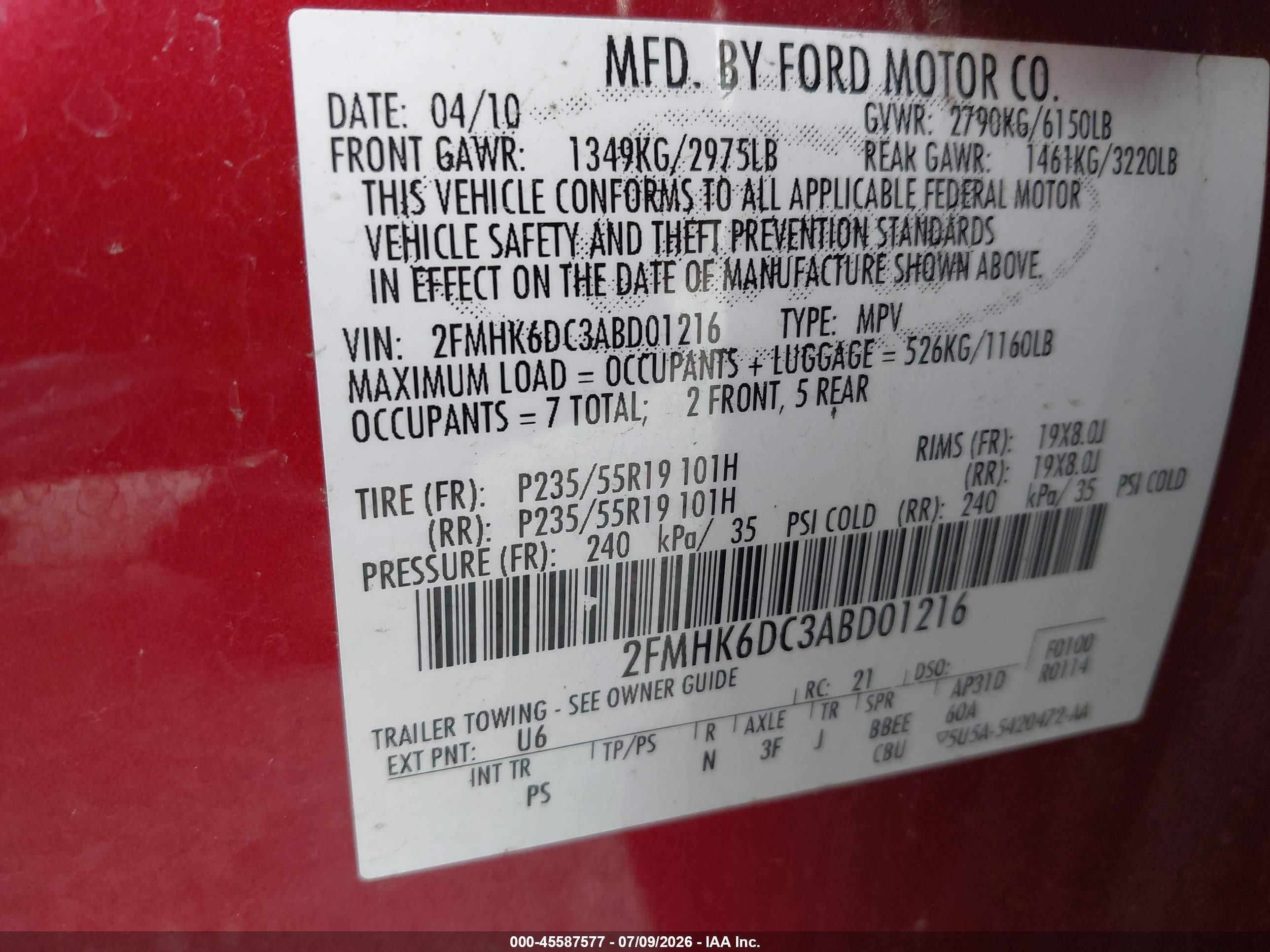 2010 Ford Flex Limited Red vin: 2FMHK6DC3ABD01216