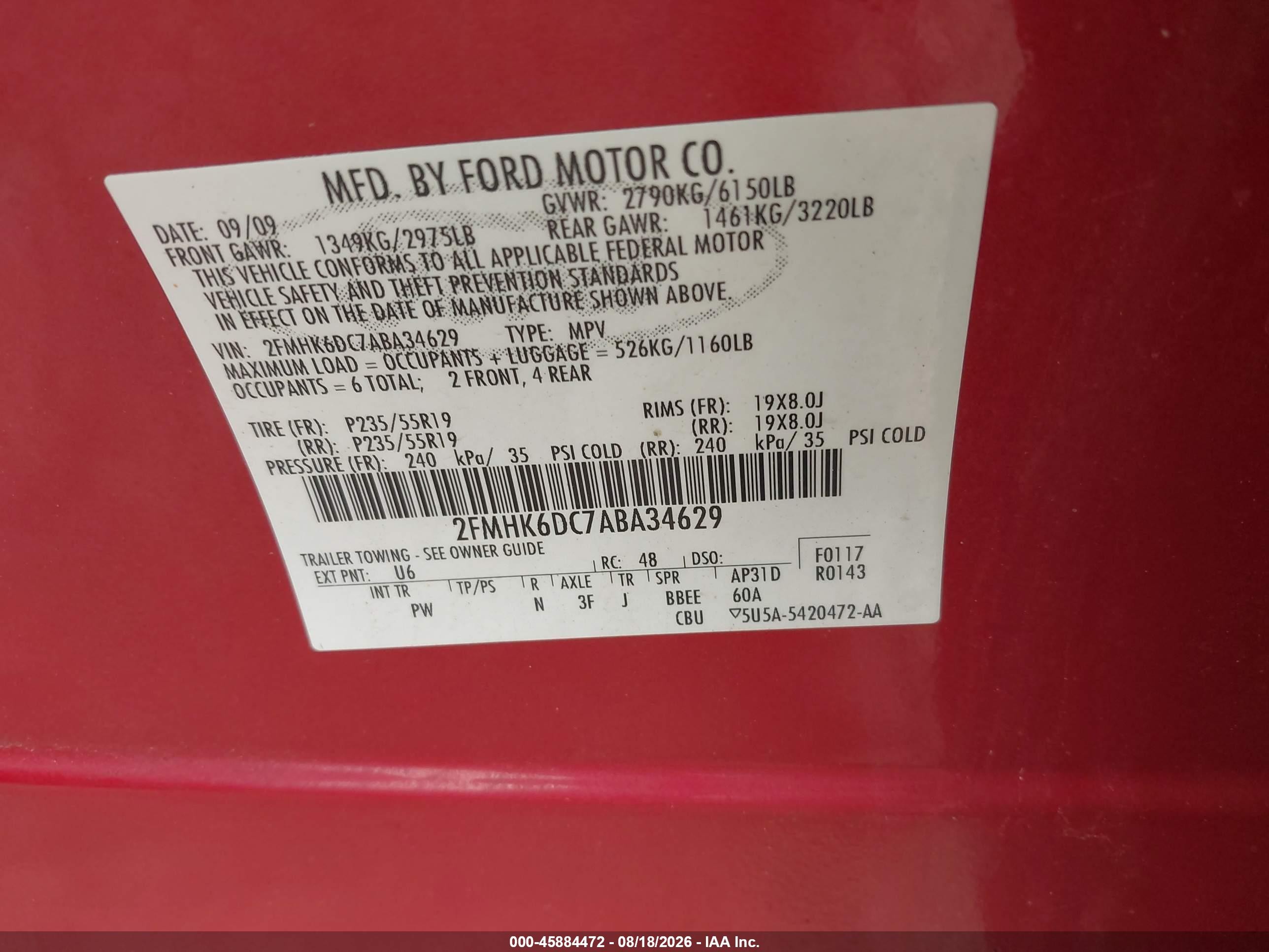 2010 Ford Flex Limited Red vin: 2FMHK6DC7ABA34629