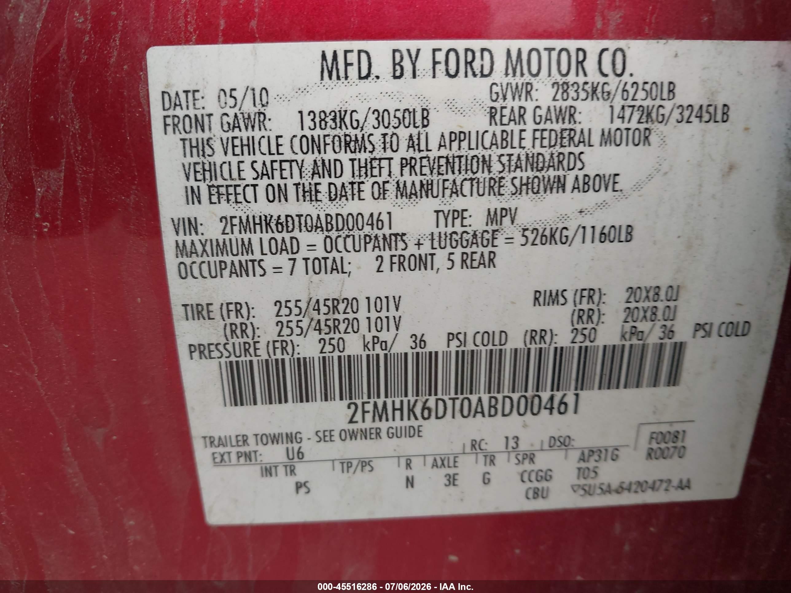 2010 Ford Flex Limited Red vin: 2FMHK6DT0ABD00461