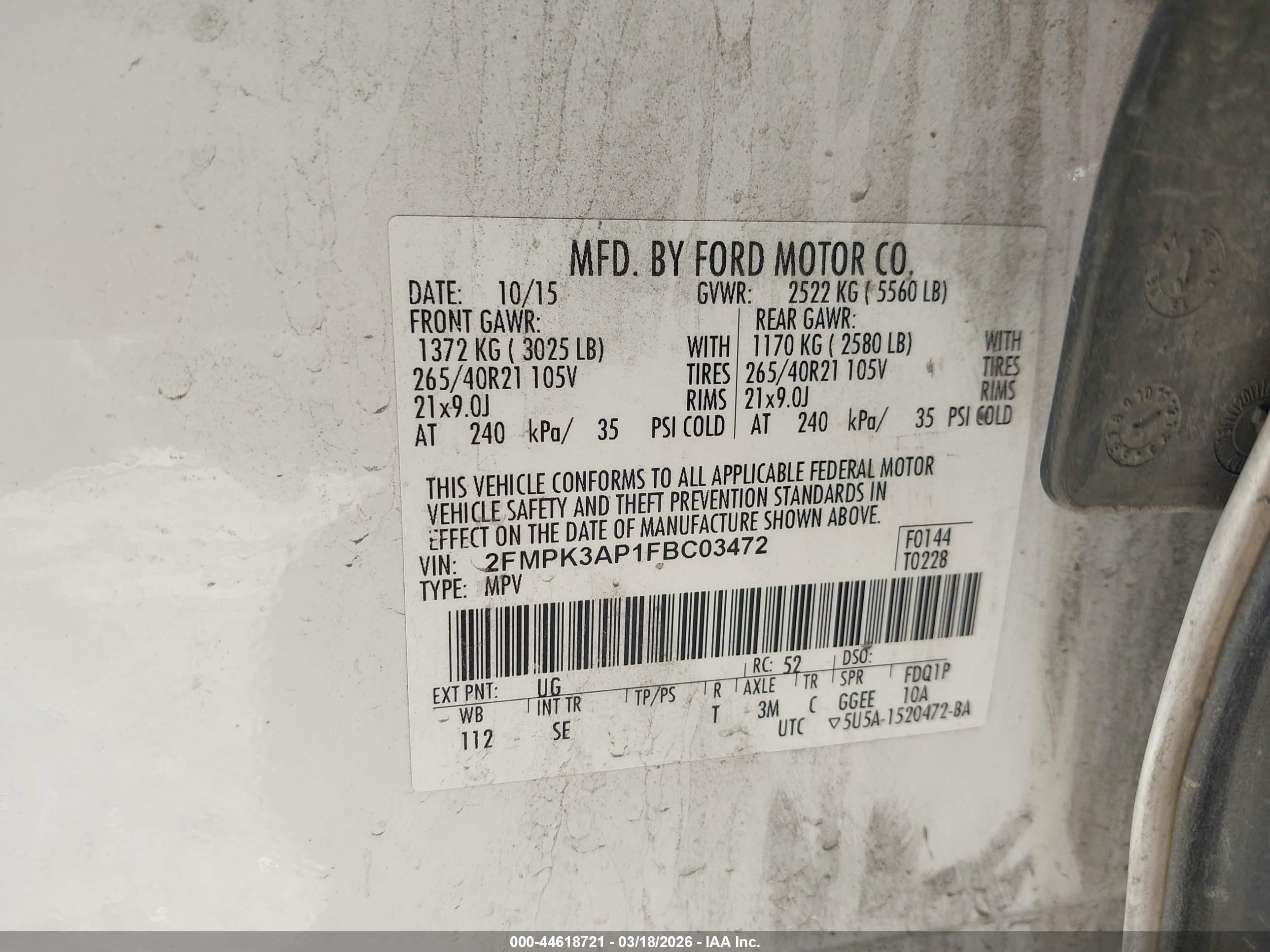 2015 Ford Edge Sport White vin: 2FMPK3AP1FBC03472