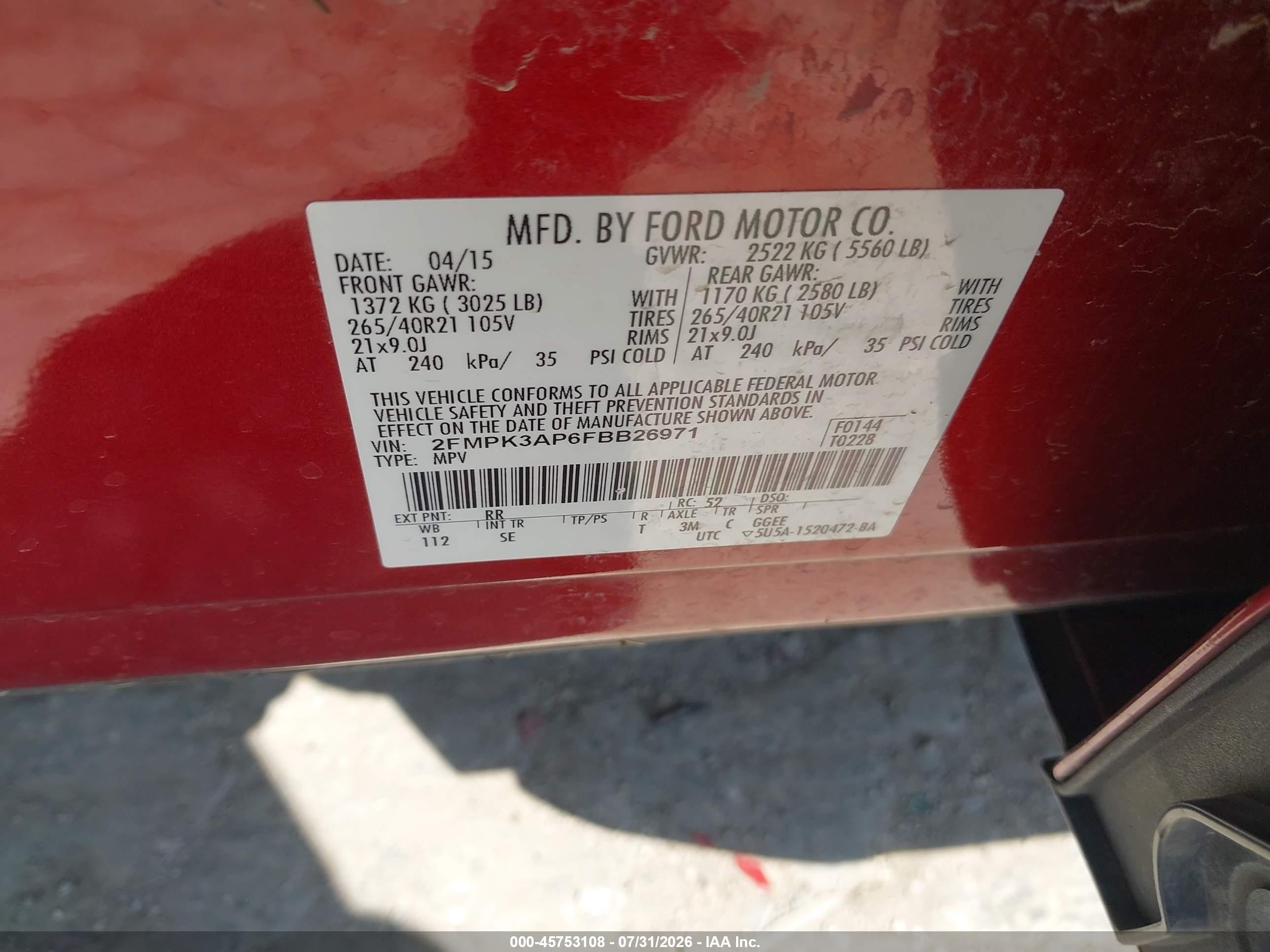 2015 Ford Edge Sport Red vin: 2FMPK3AP6FBB26971