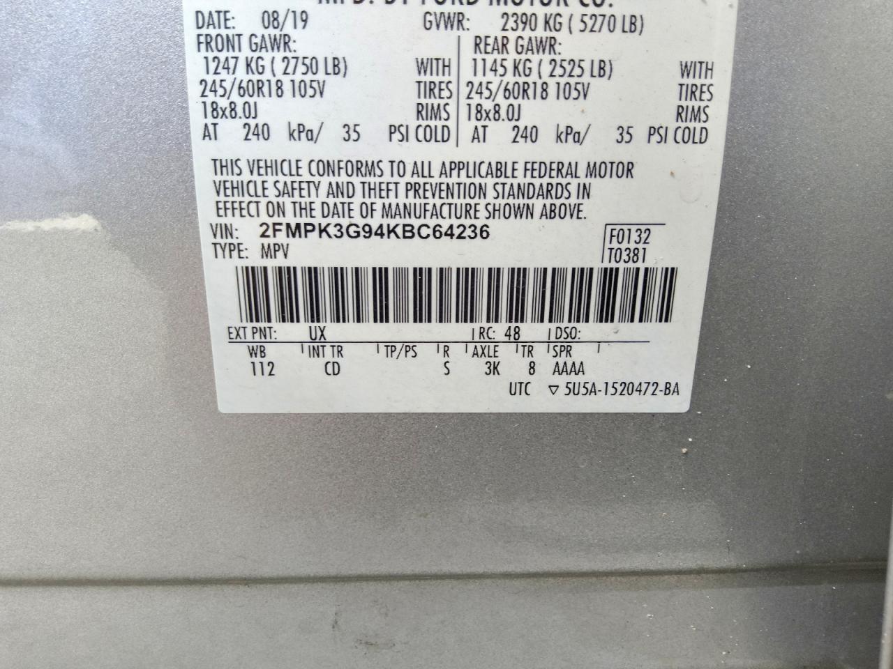 2019 Ford Edge Se Silver vin: 2FMPK3G94KBC64236