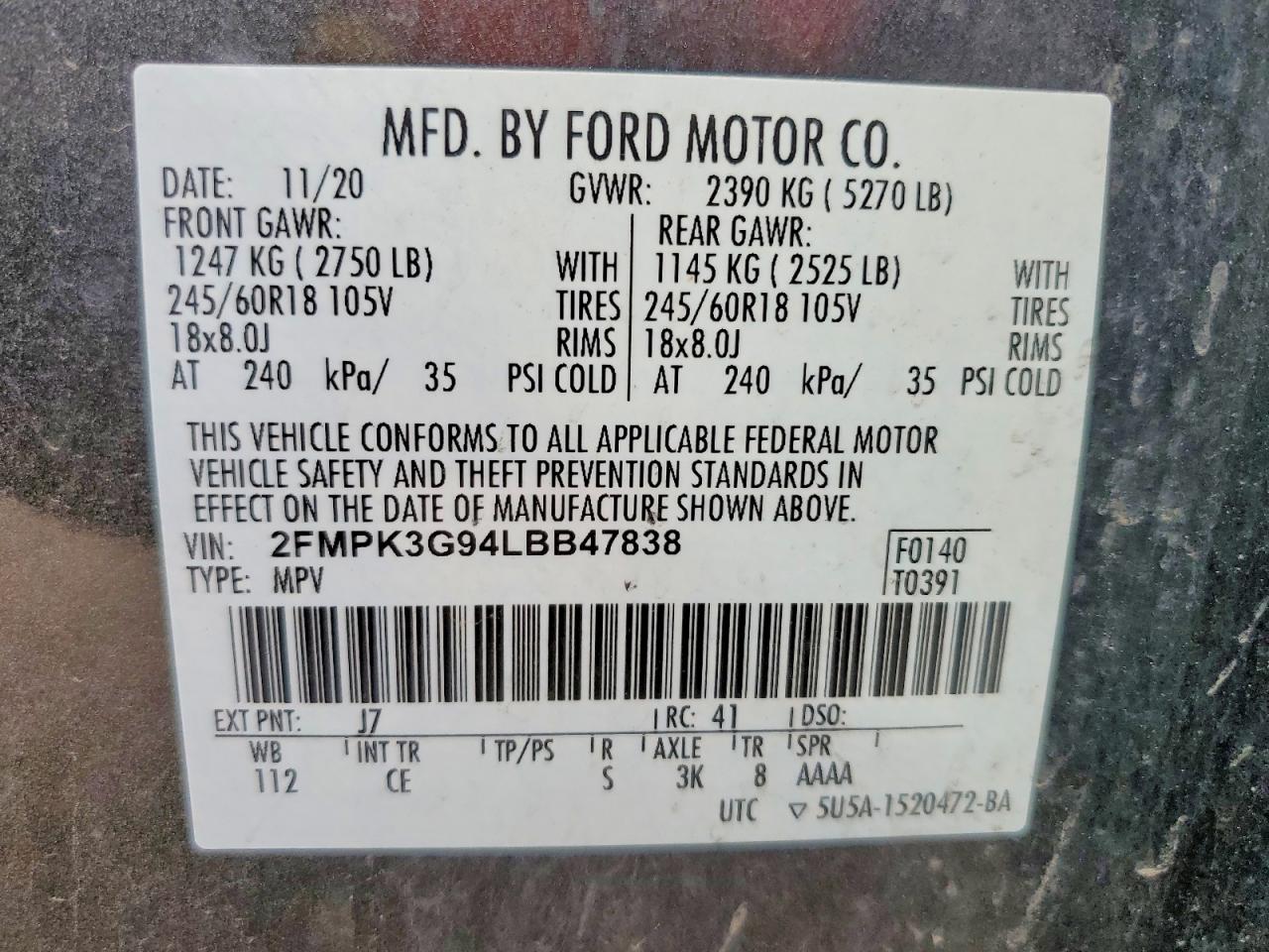 2020 Ford Edge Se Charcoal vin: 2FMPK3G94LBB47838