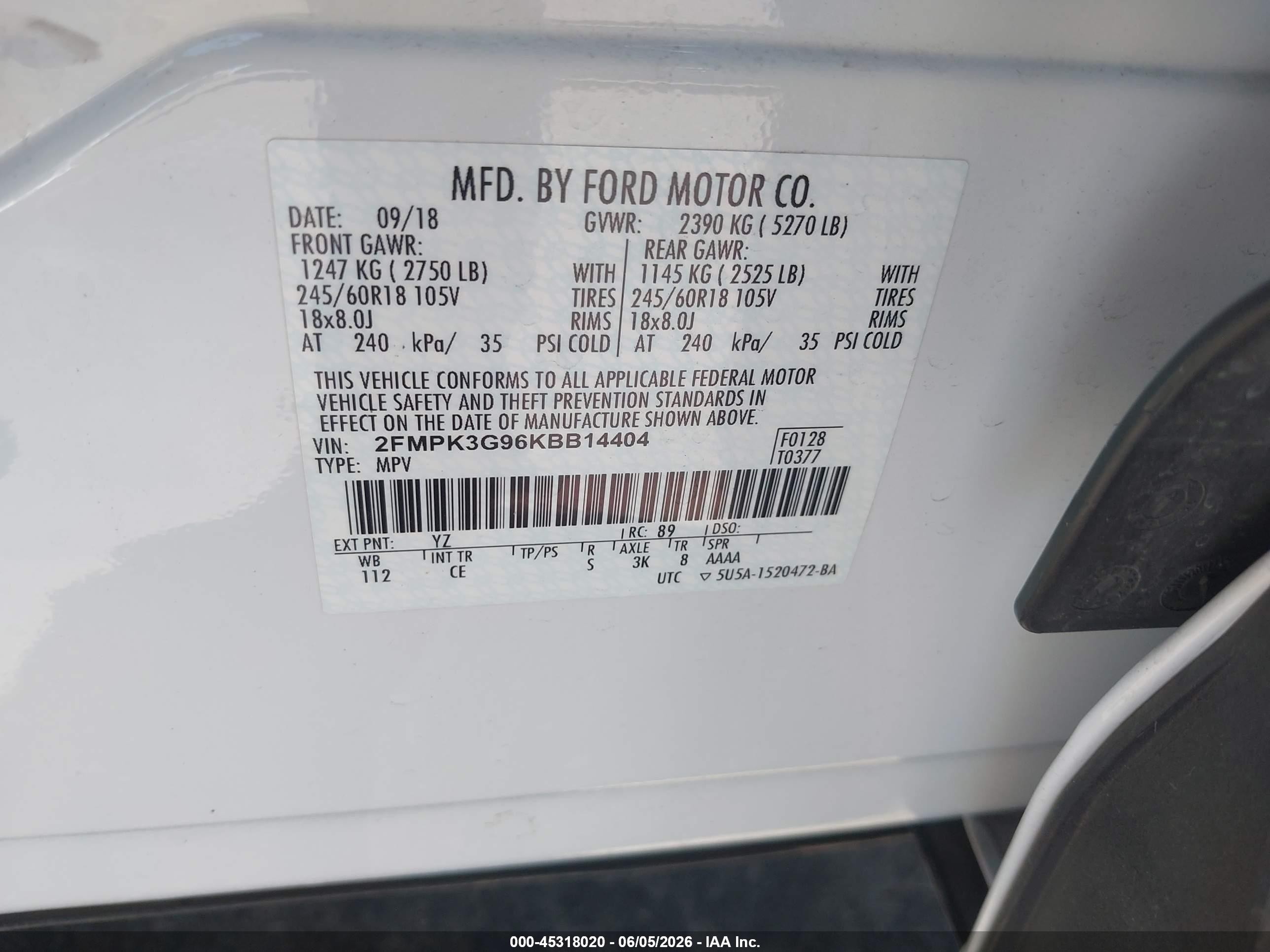 2019 Ford Edge Se White vin: 2FMPK3G96KBB14404