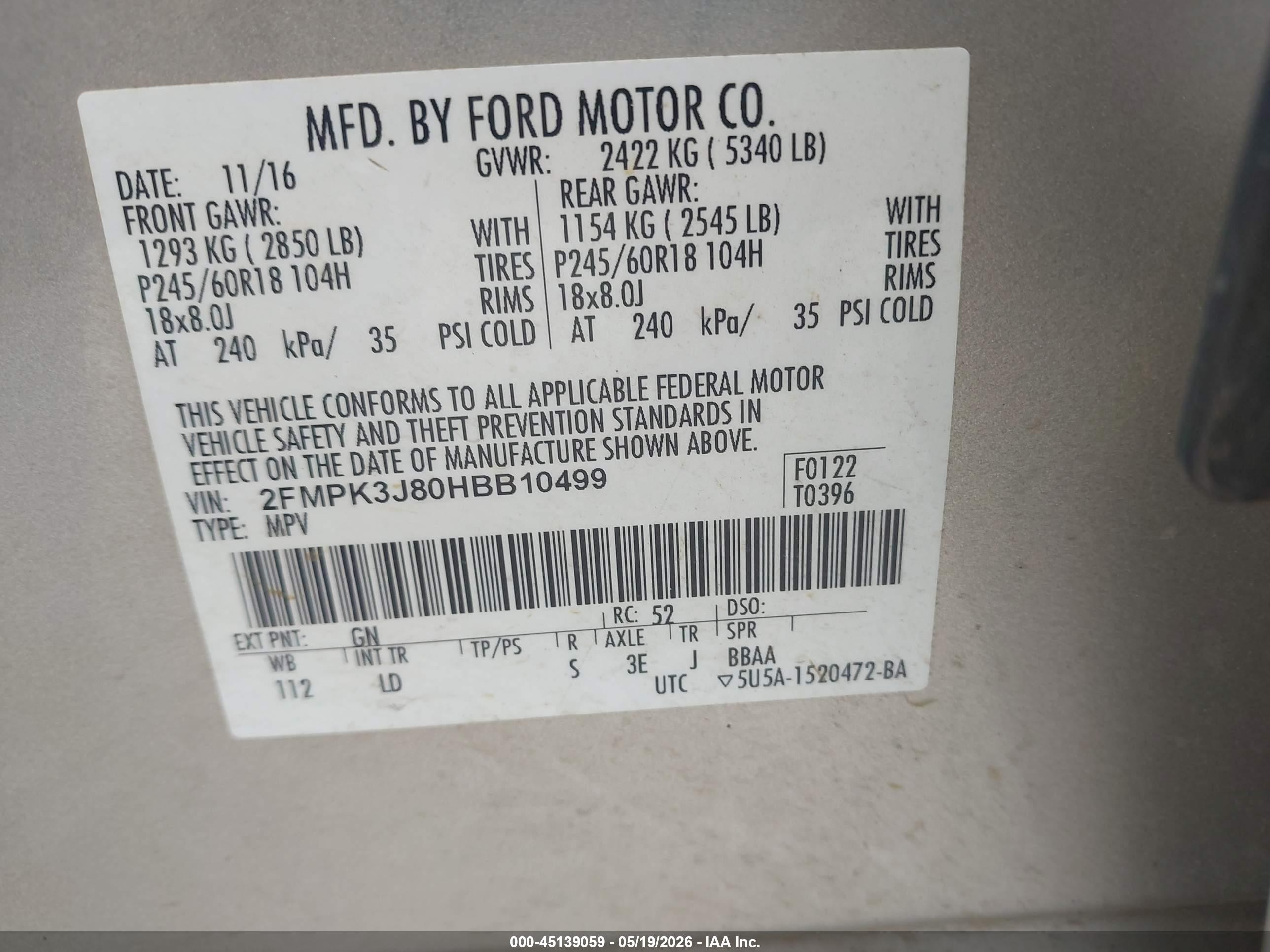 2017 Ford Edge Sel Tan vin: 2FMPK3J80HBB10499