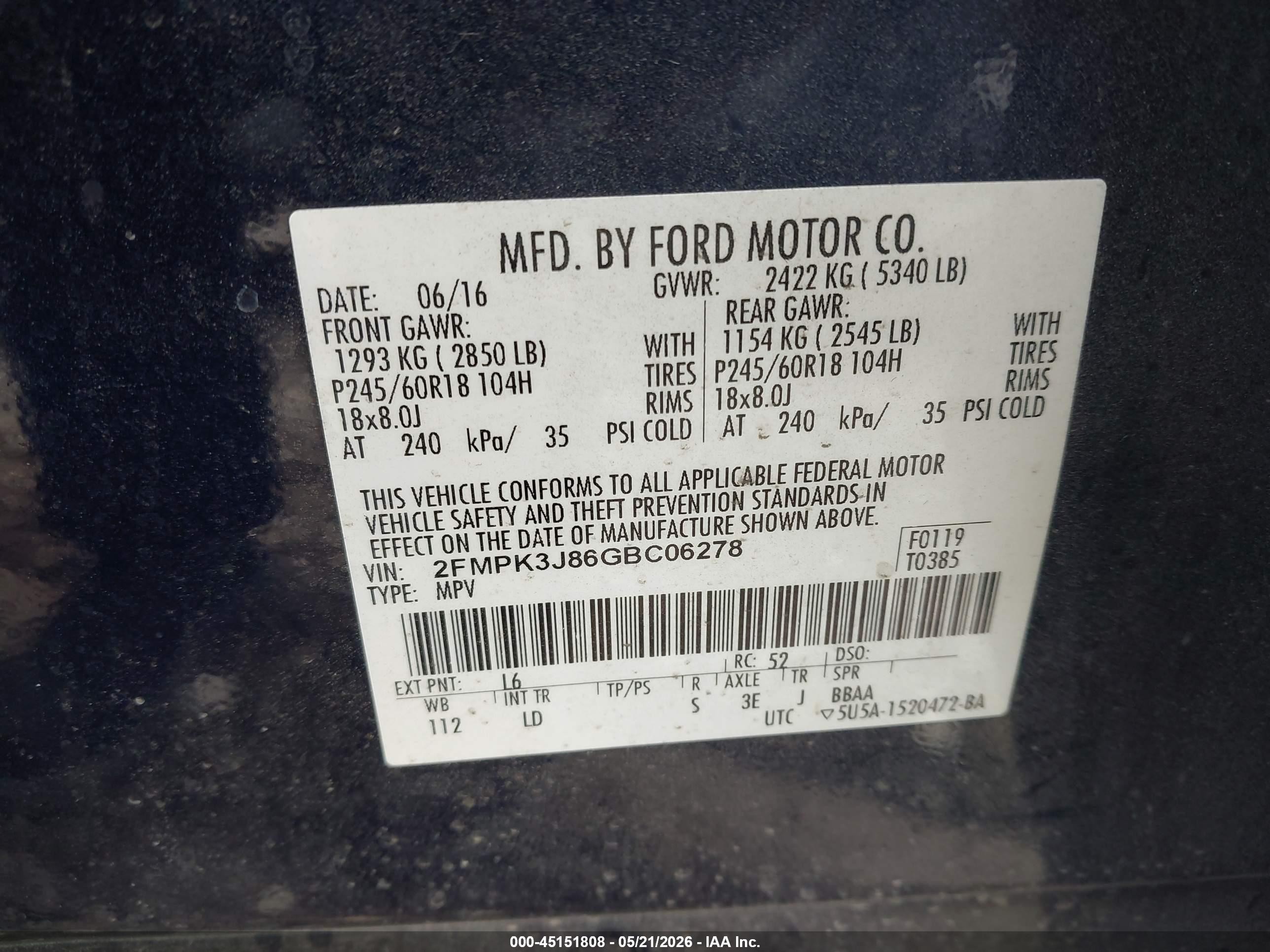 2016 Ford Edge Sel Blue vin: 2FMPK3J86GBC06278