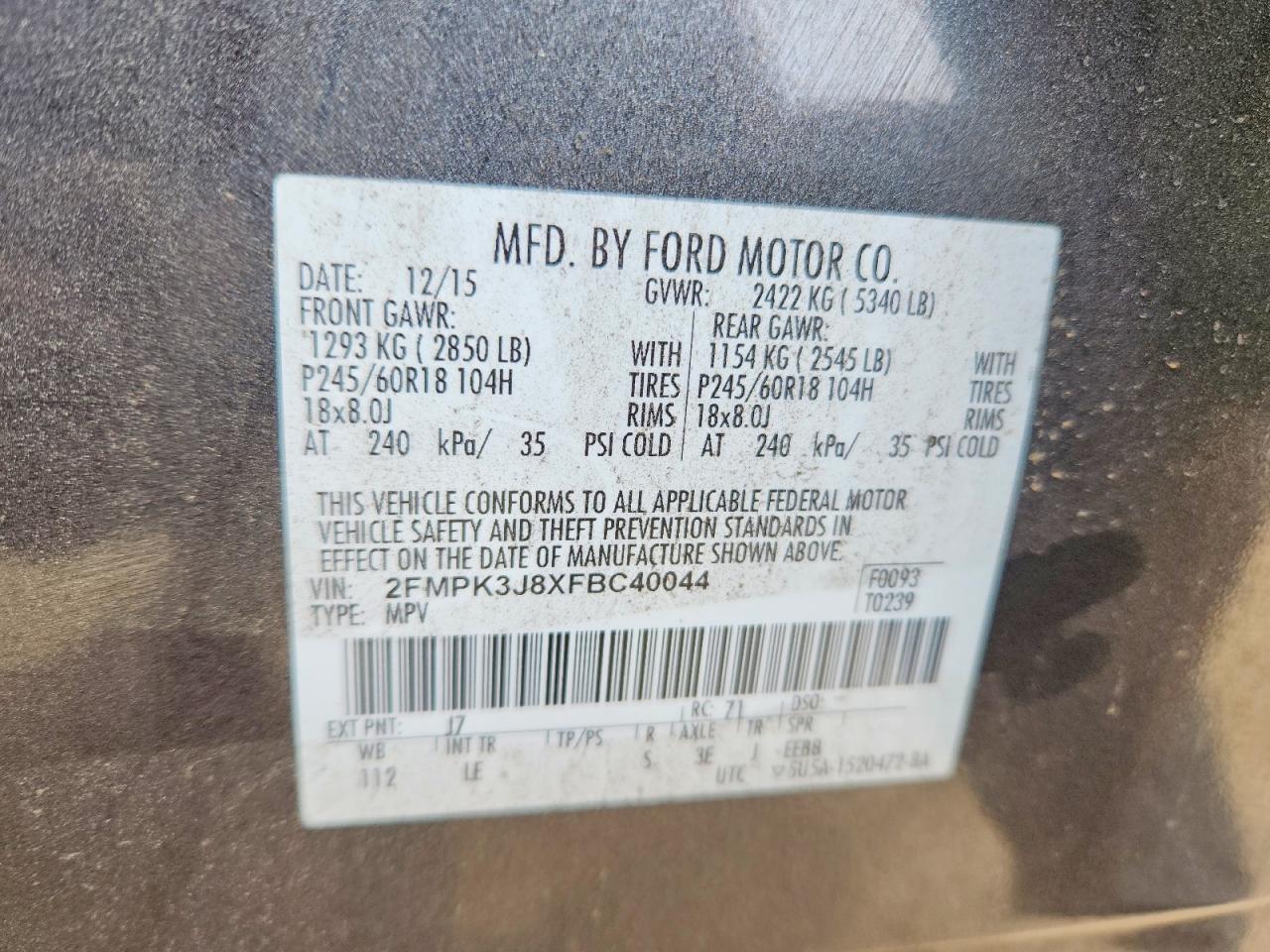 2015 Ford Edge Charcoal vin: 2FMPK3J8XFBC40044