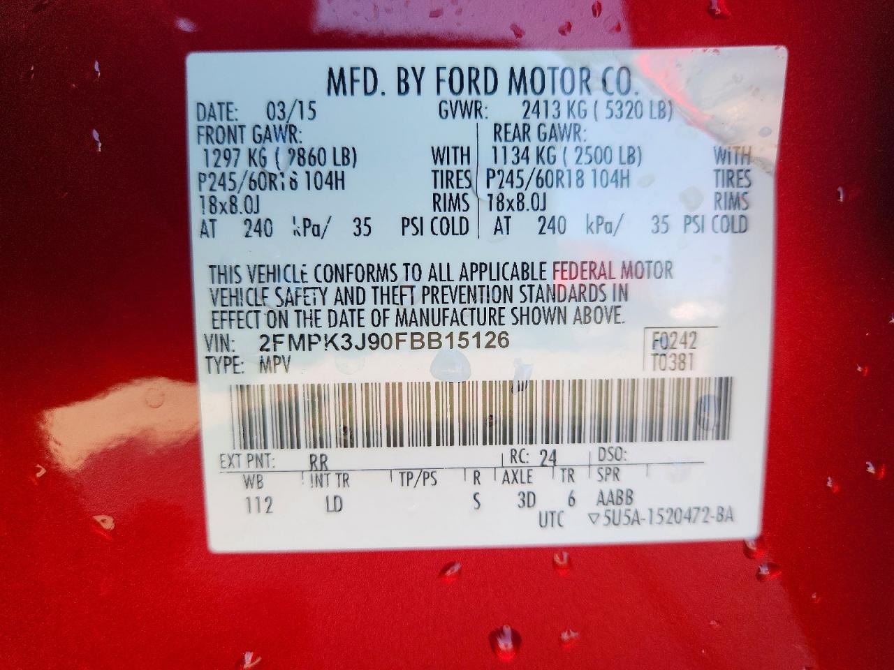 2015 Ford Edge Sel Red vin: 2FMPK3J90FBB15126
