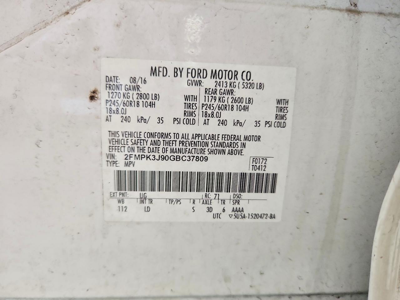 2016 Ford Edge Sel White vin: 2FMPK3J90GBC37809