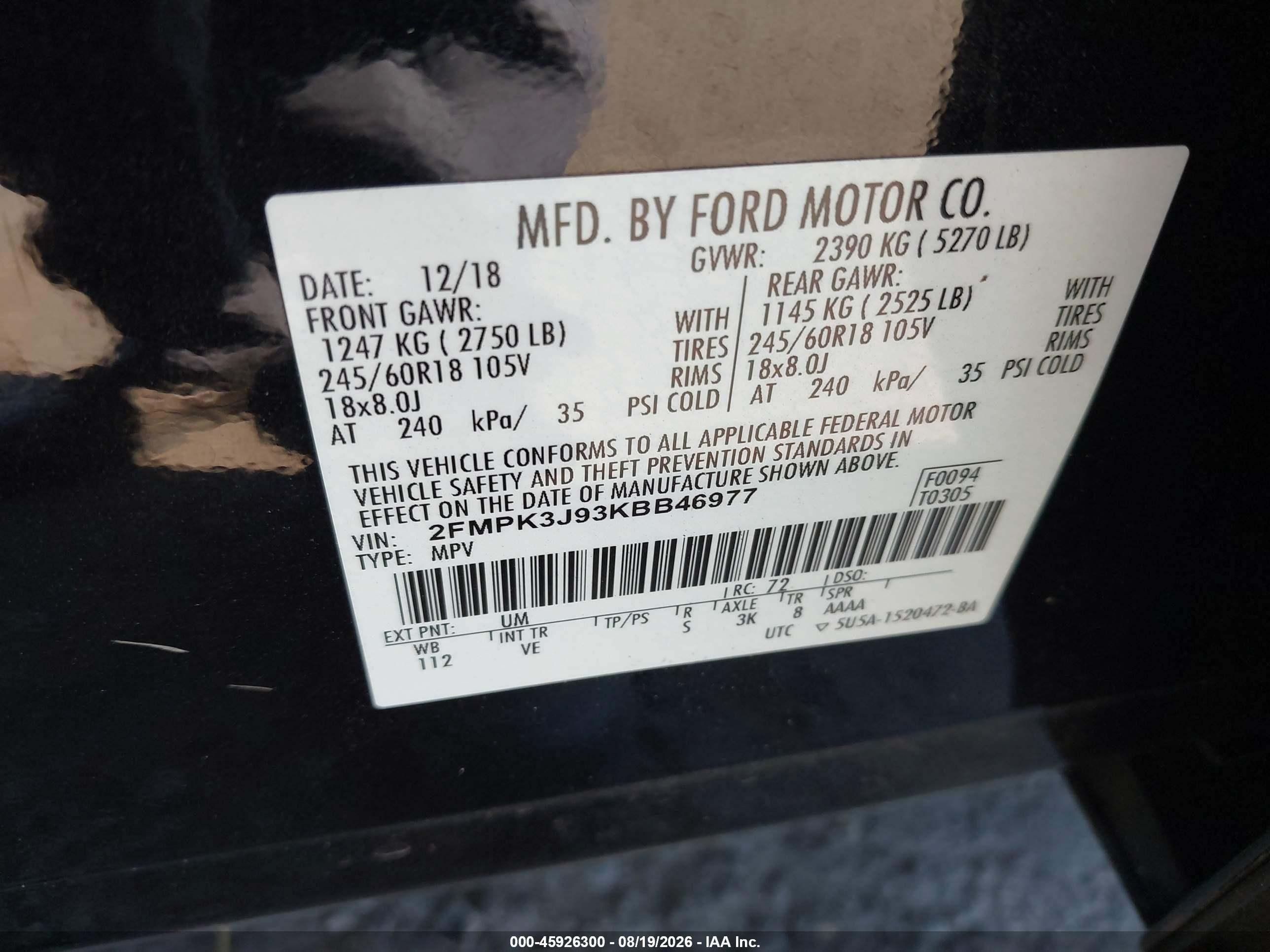 2019 Ford Edge Sel Black vin: 2FMPK3J93KBB46977