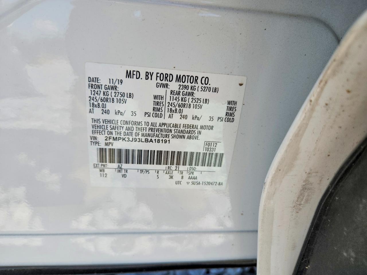2020 Ford Edge Sel White vin: 2FMPK3J93LBA18191